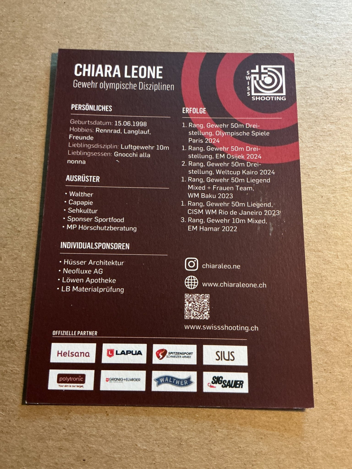 Chiara Leone, Switzerland 🇨🇭 Shooting Summer Olympics 2024 hand signed - Autographs-World