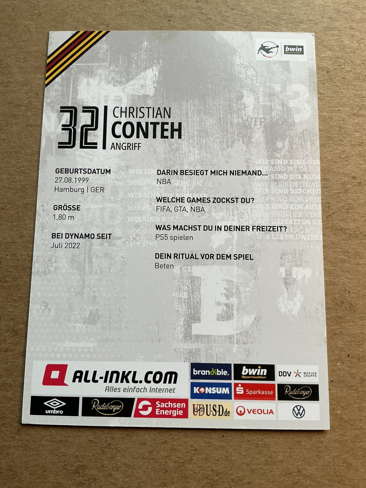 Christian Conteh, Germany 🇩🇪 Dynamo Dresden 2022/23 hand signed - Autographs-World