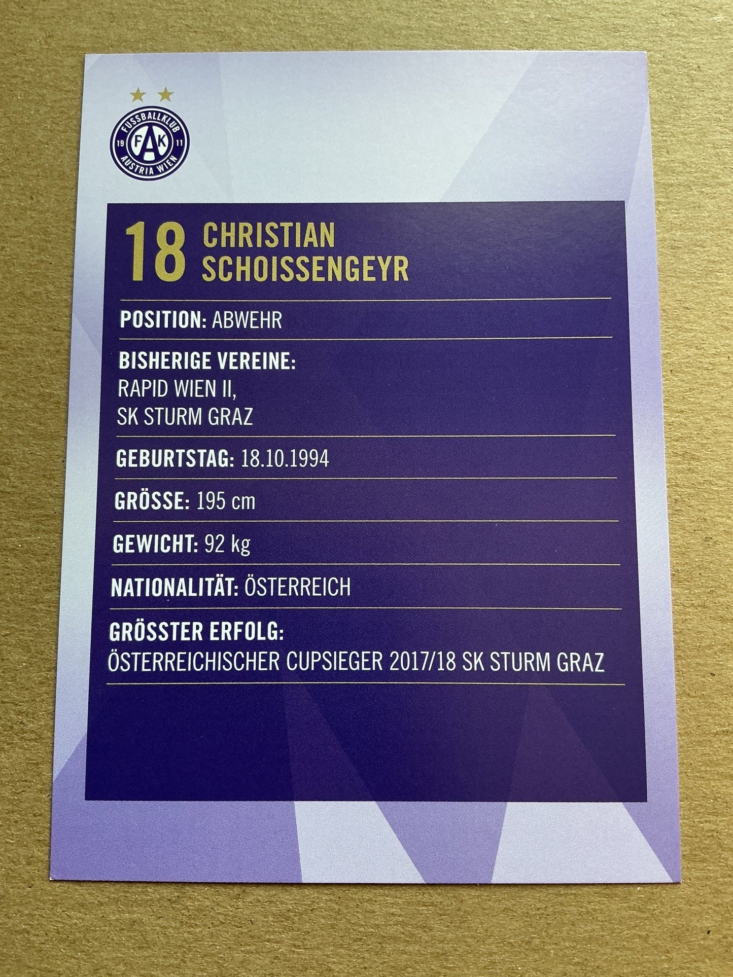 Christian Schoissengeyr, Austria 🇦🇹 Austria Wien 2019/20 hand signed - Autographs-World