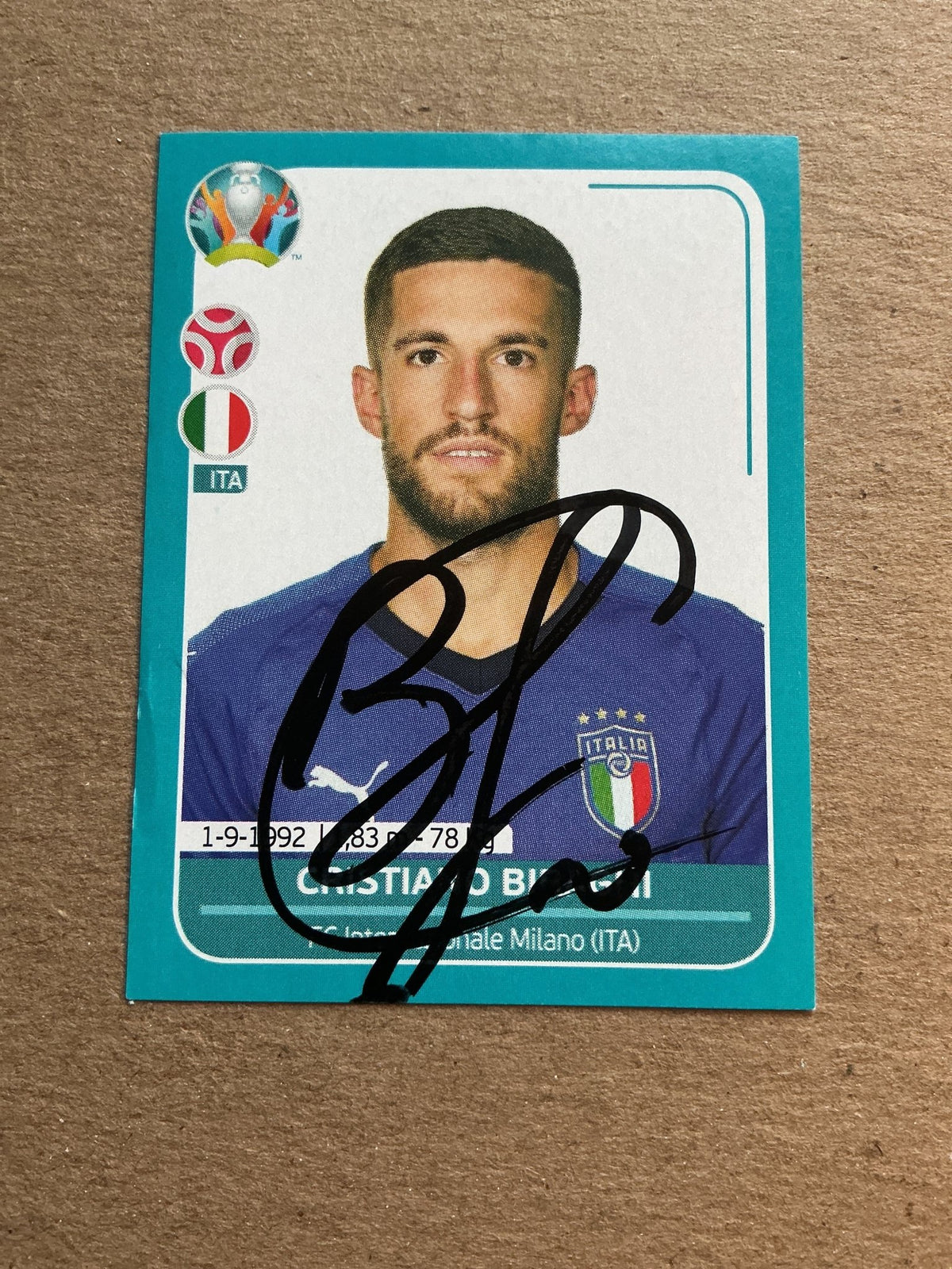 Christiano Biraghi, Italy 🇮🇹 UEFA Euro 2020 Panini hand signed - Autographs-World