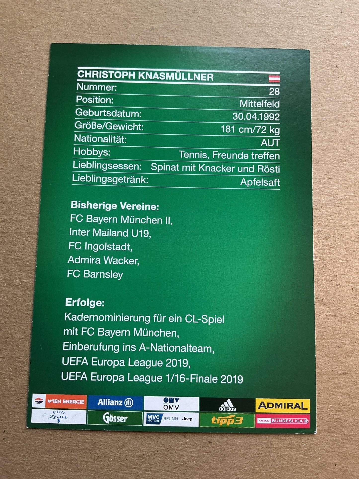 Christoph Knasmüllner, Austria 🇦🇹 Rapid Wien 2019/20 hand signed - Autographs-World