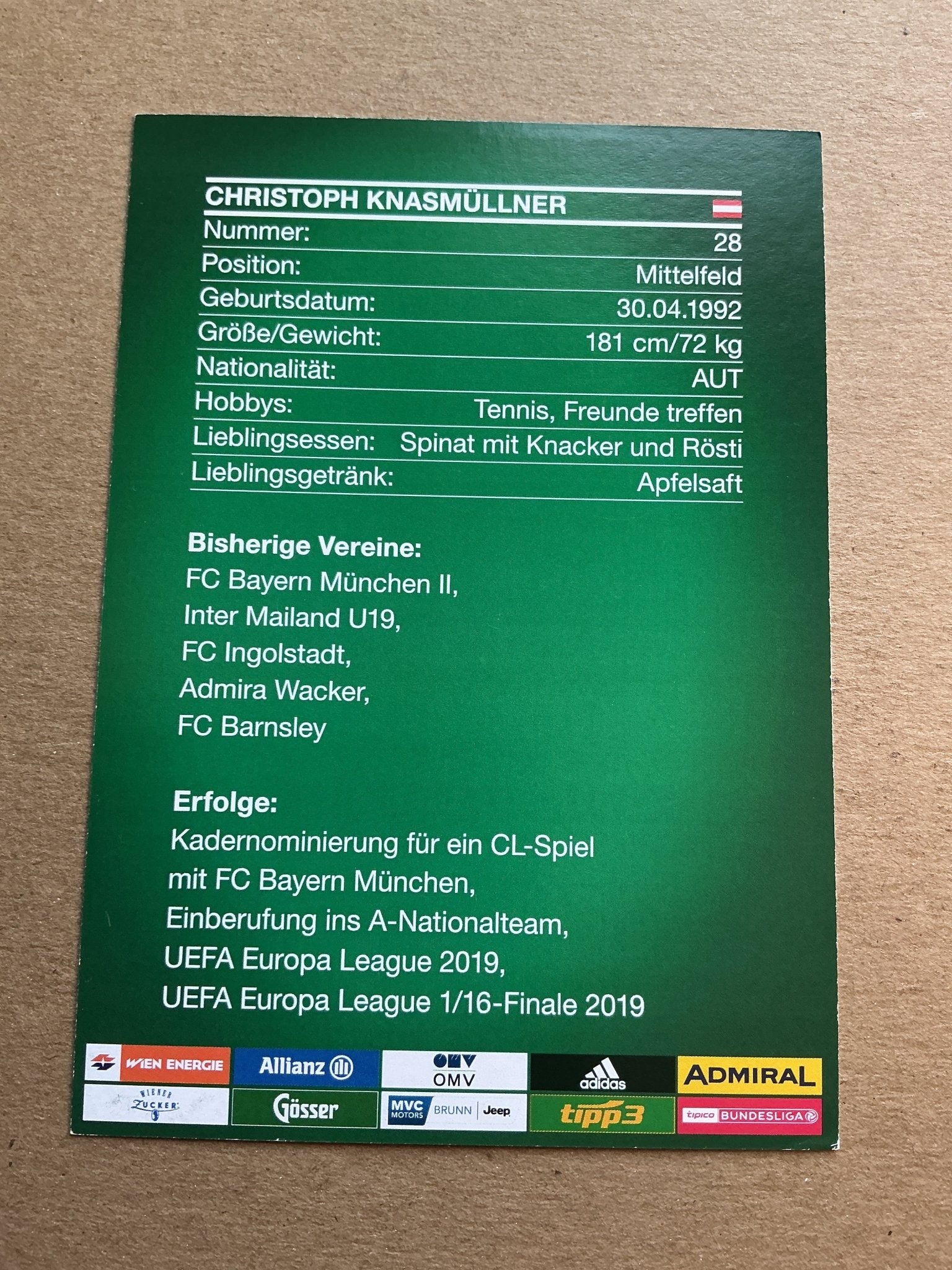 Christoph Knasmüllner, Austria 🇦🇹 Rapid Wien 2019/20 hand signed - Autographs-World