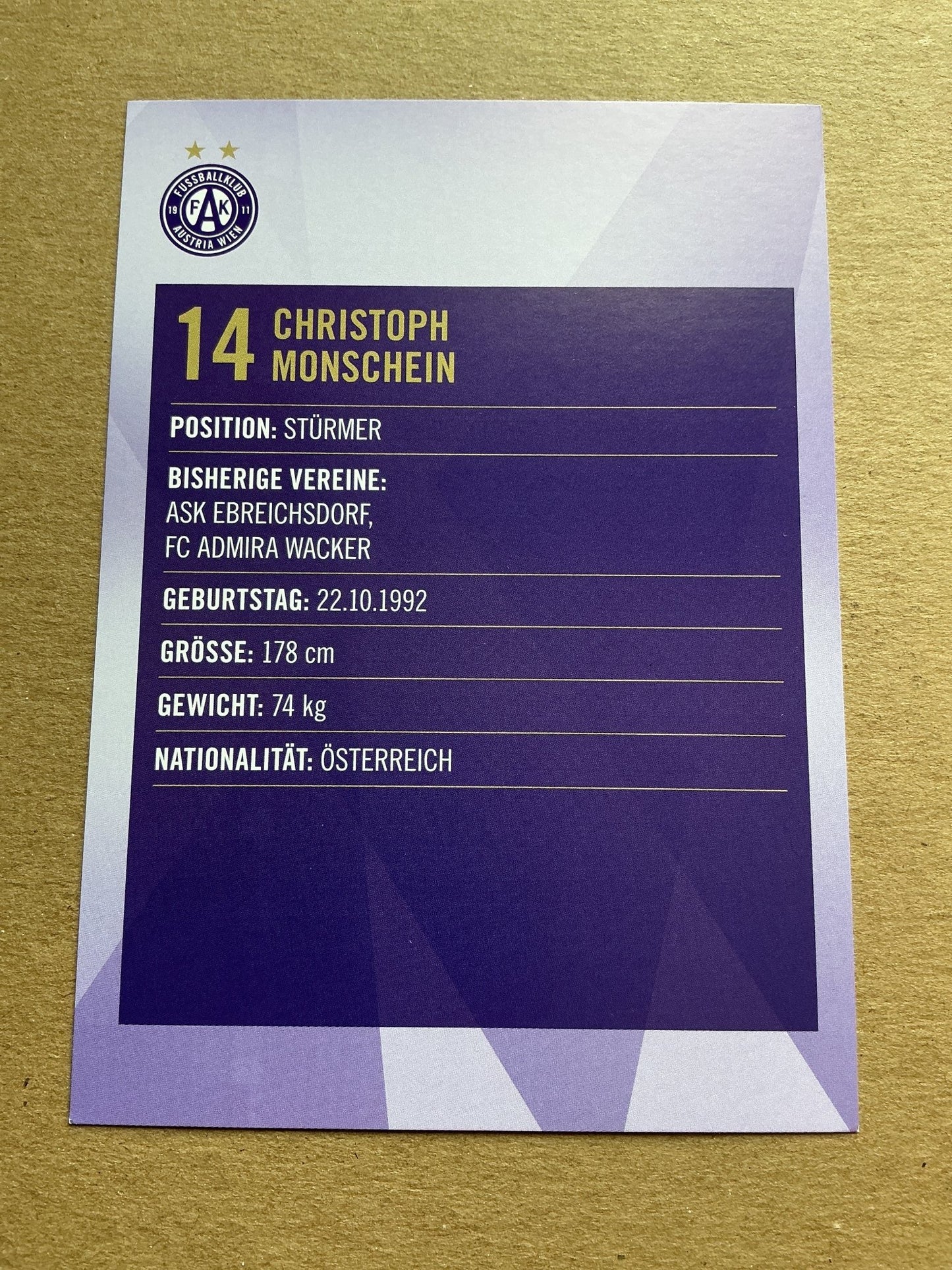 Christoph Monschein, Austria 🇦🇹 Austria Wien 2019/20 hand signed - Autographs-World
