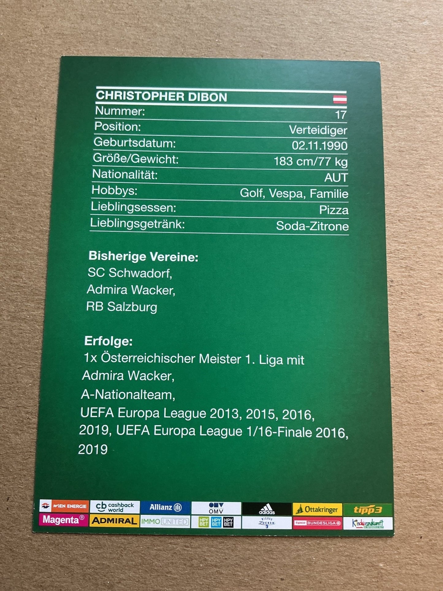 Christopher Dibon, Austria 🇦🇹 Rapid Wien 2019/20 hand signed - Autographs-World