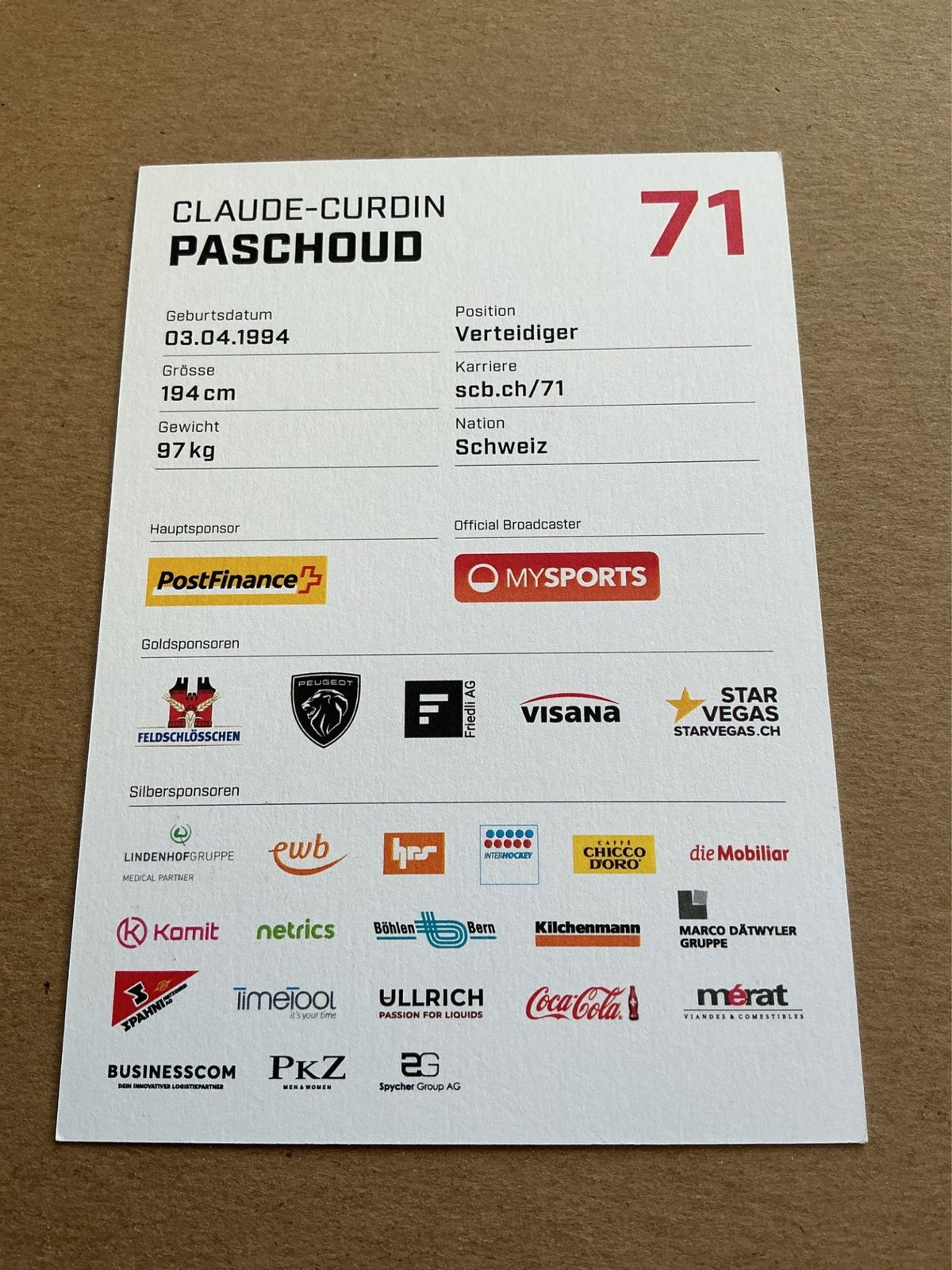 Claude-Curdin Paschoud, Switzerland 🇨🇭 SC Bern 2023/24 hand signed - Autographs-World