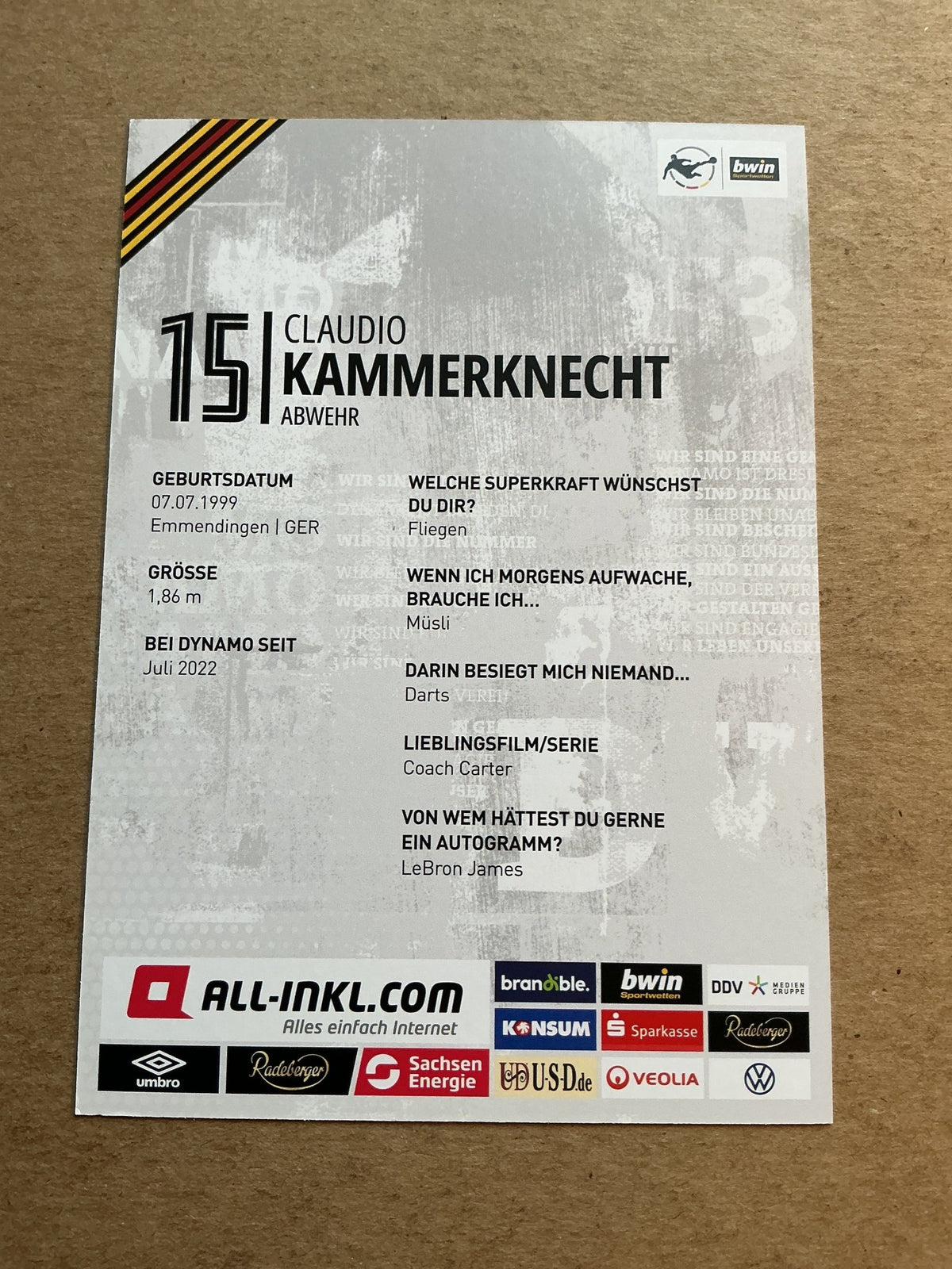 Claudio Kammerknecht, Germany 🇩🇪 Dynamo Dresden 2022/23 hand signed - Autographs-World