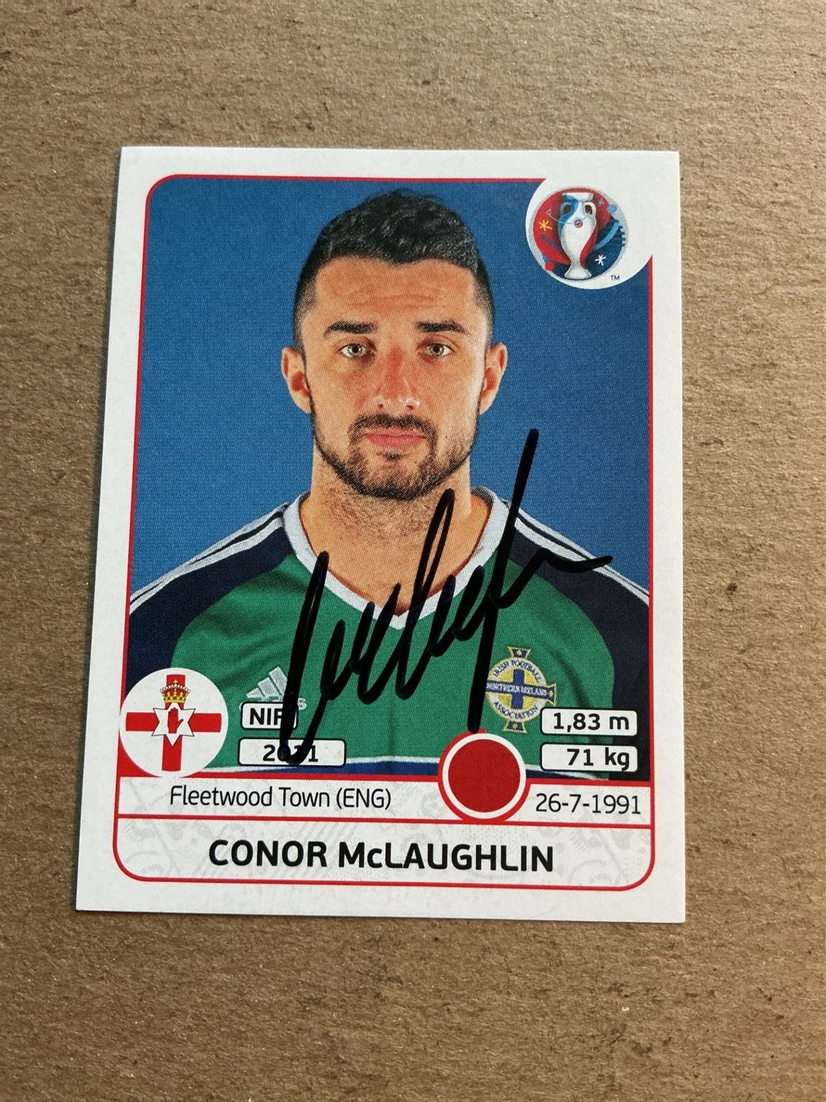 Conor McLaughlin, Northern Ireland, UEFA Euro 2016 Panini hand signed - Autographs-World