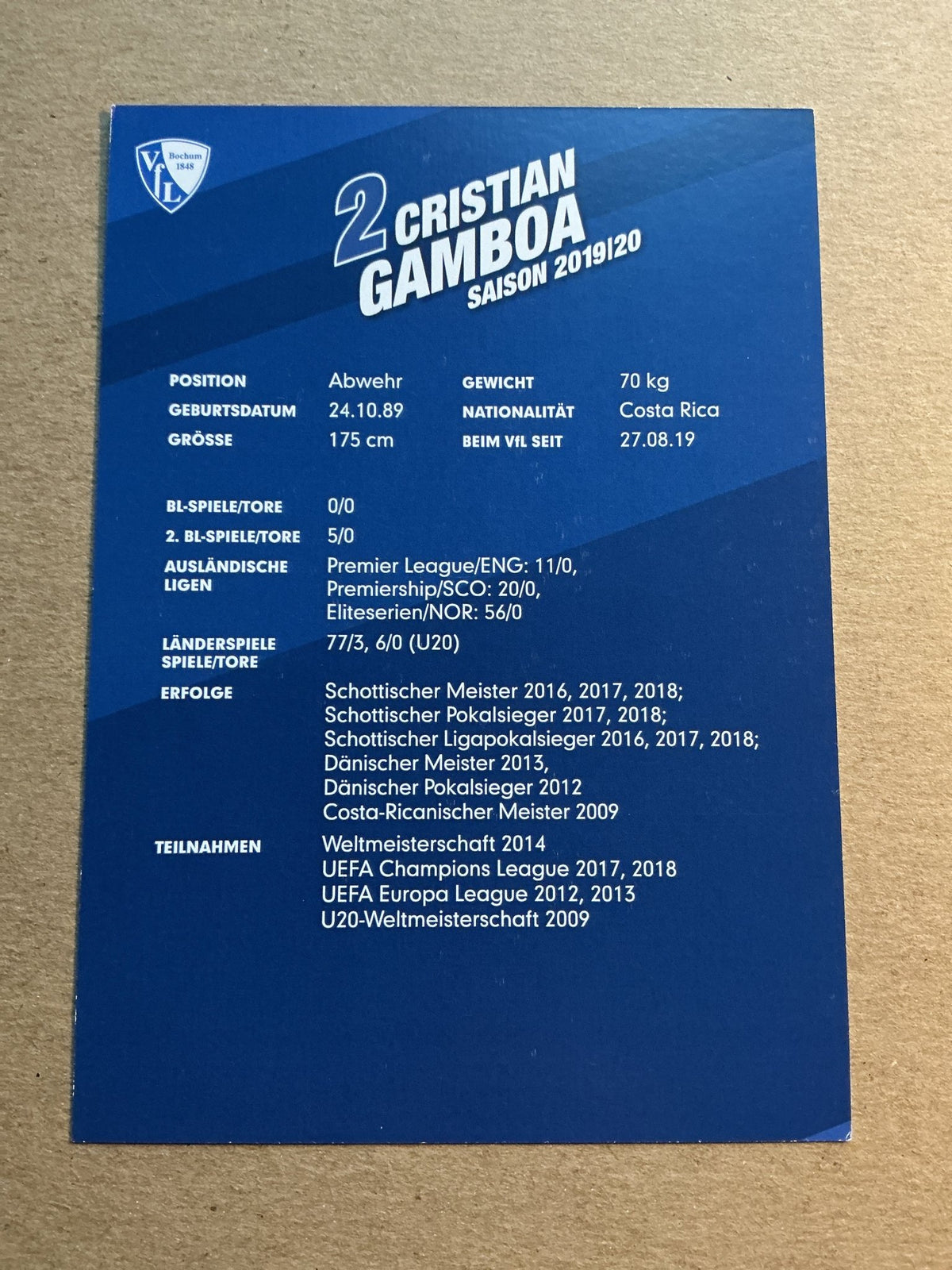 Cristian Gamboa, Costa Rica 🇨🇷 VfL Bochum 2019/20 hand signed - Autographs-World