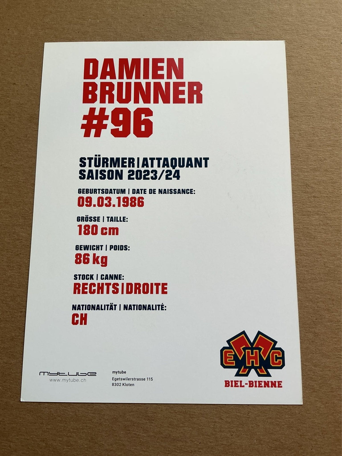 Damien Brunner, Switzerland 🇨🇭 EHC Biel-Bienne 2023/24 hand signed - Autographs-World