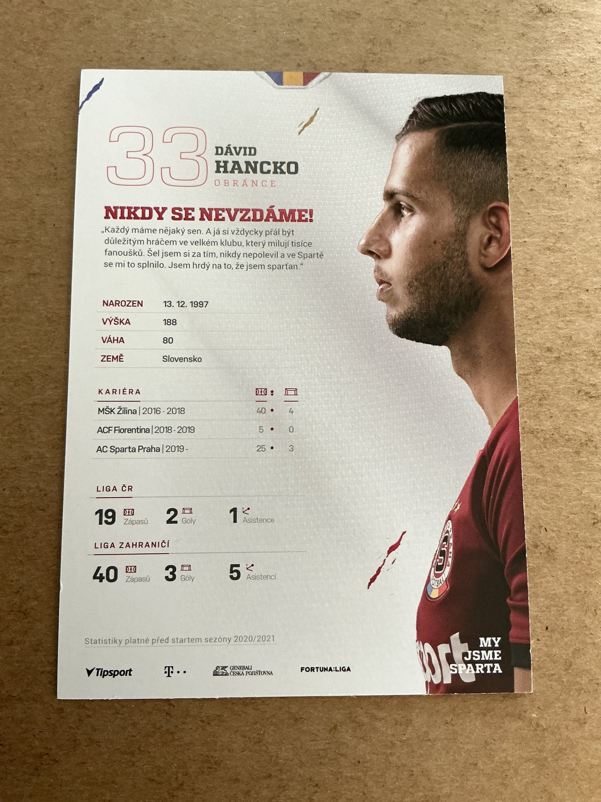 Dávid Hancko, Slovakia 🇸🇰 AC Sparta Prague 2020/21 hand signed - Autographs-World