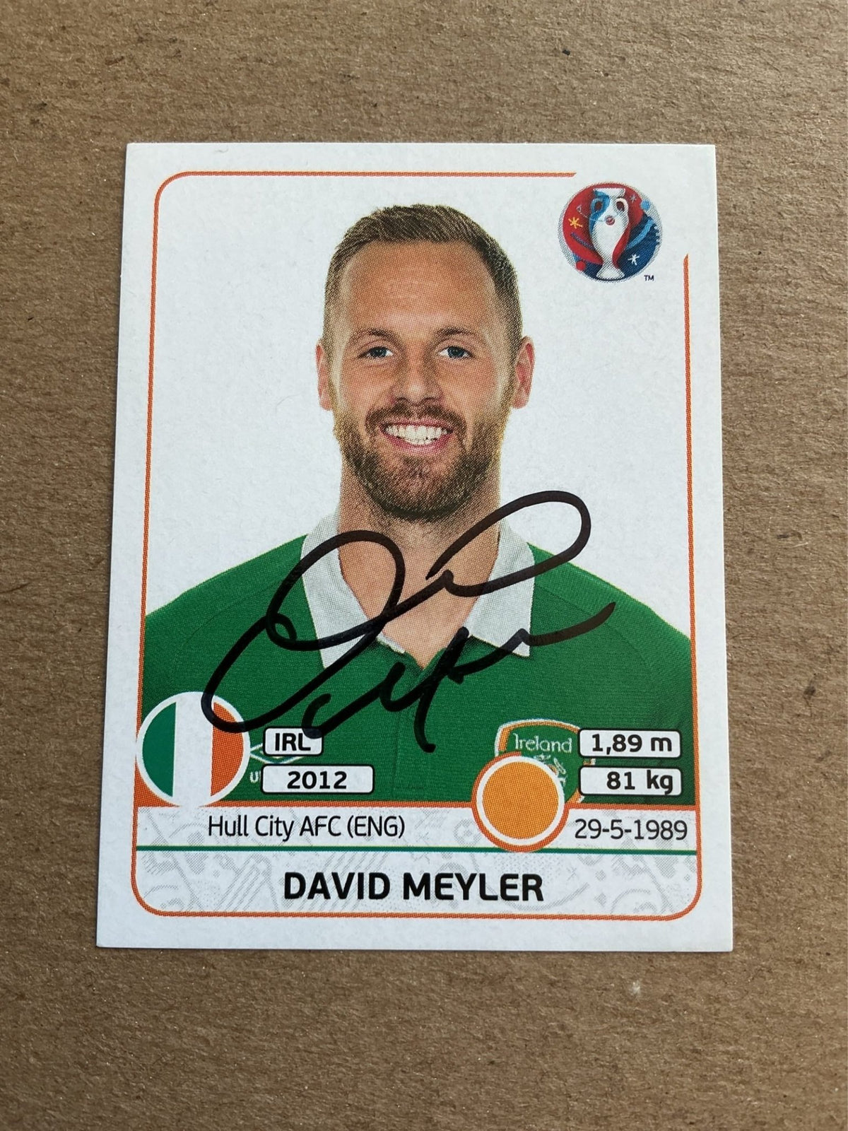 David Meyler, Ireland 🇮🇪 UEFA Euro 2016 Panini hand signed - Autographs-World