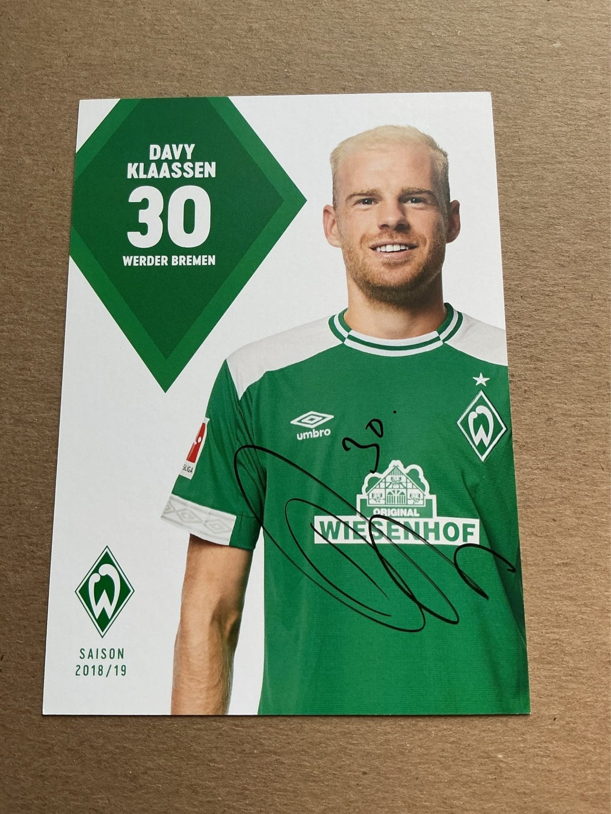 Davy Klaassen, Netherlands 🇳🇱 SV Werder Bremen 2018/19 hand signed - Autographs-World