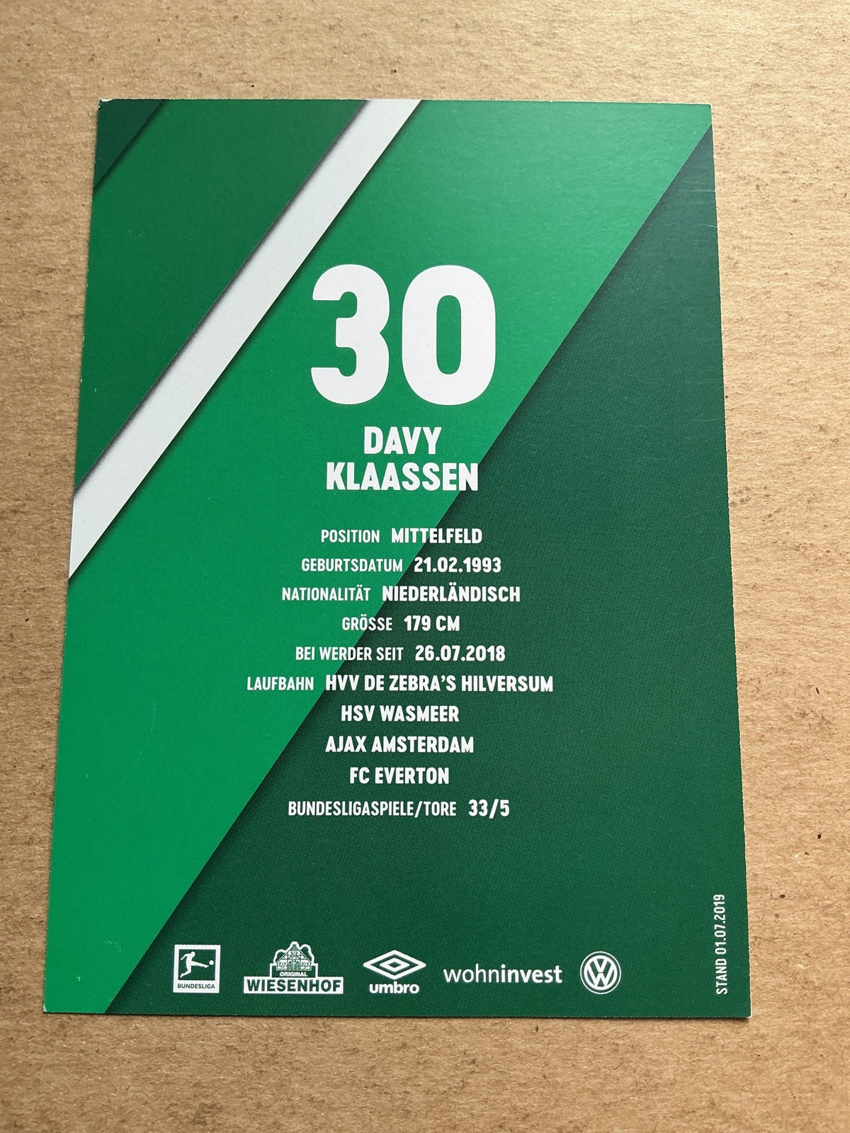 Davy Klaassen, Netherlands 🇳🇱 SV Werder Bremen 2019/20 hand signed - Autographs-World
