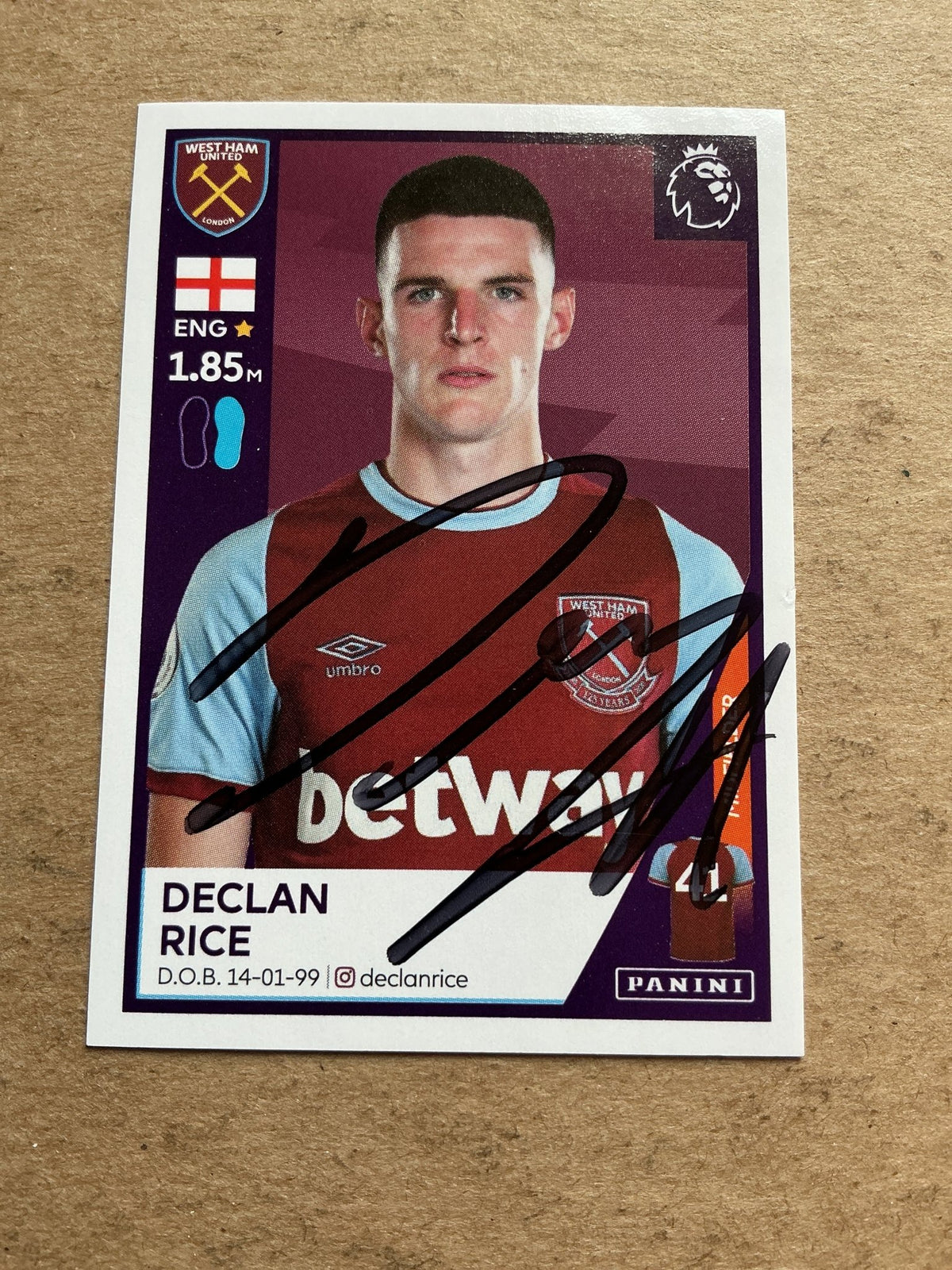 Declan Rice, England 🏴󠁧󠁢󠁥󠁮󠁧󠁿 West Ham United 2021 Panini hand signed - Autographs-World
