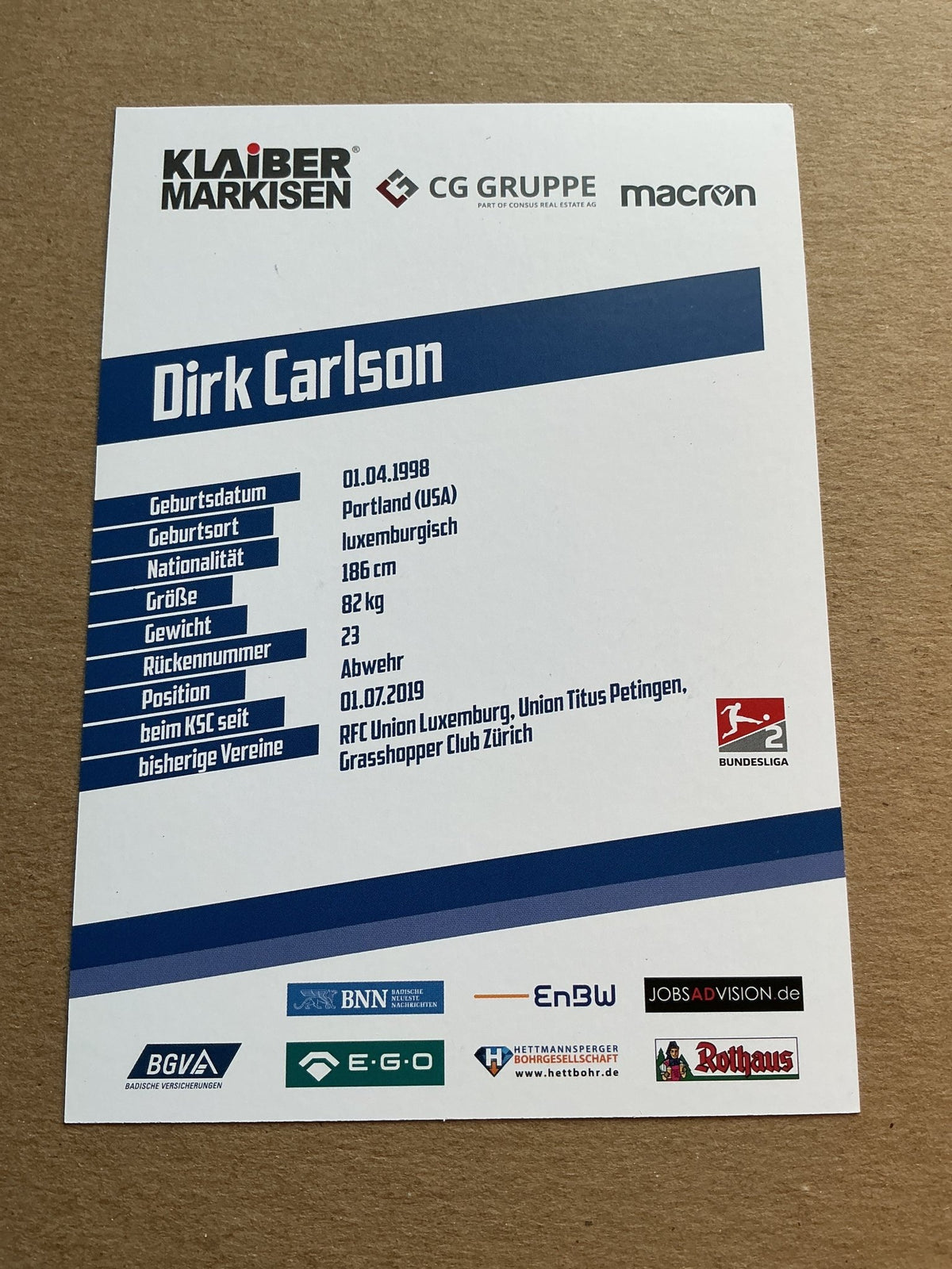 Dirk Carlson, Luxemburg 🇱🇺 Karlsruher SC 2019/20 hand signed - Autographs-World