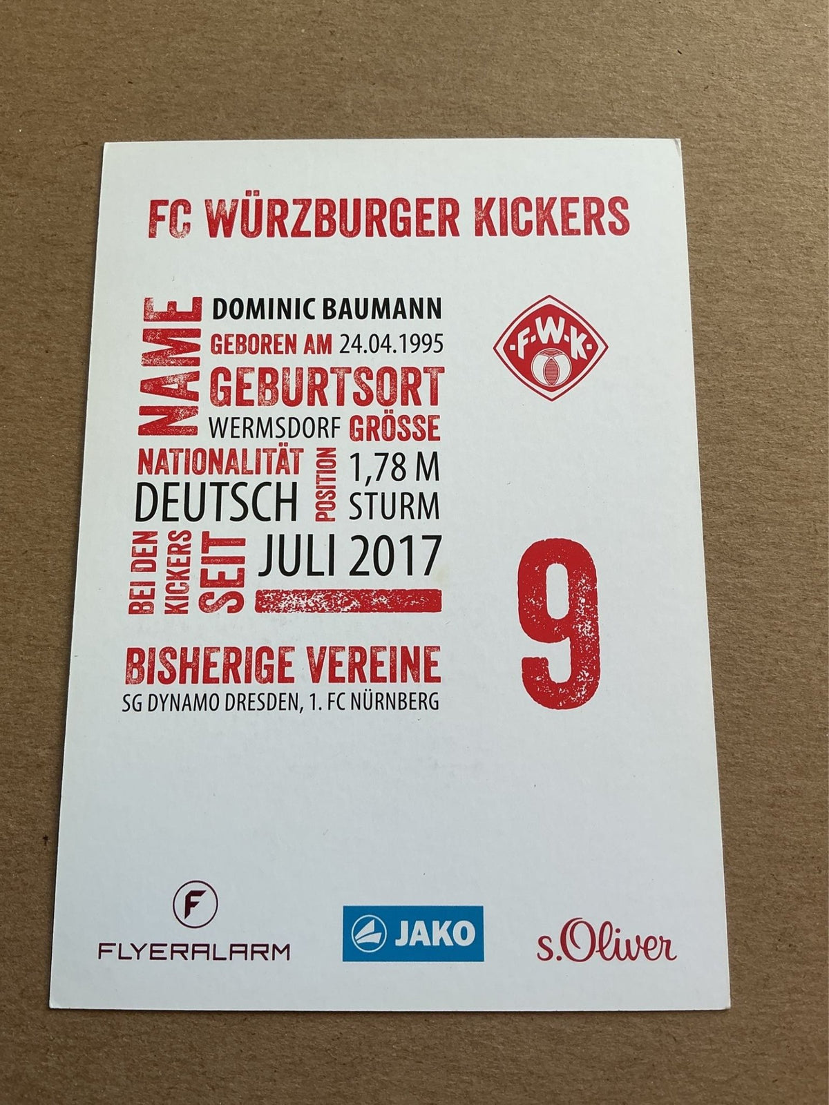 Dominic Baumann, Germany 🇩🇪 FC Würzburger Kickers 2017/18 hand signed - Autographs-World