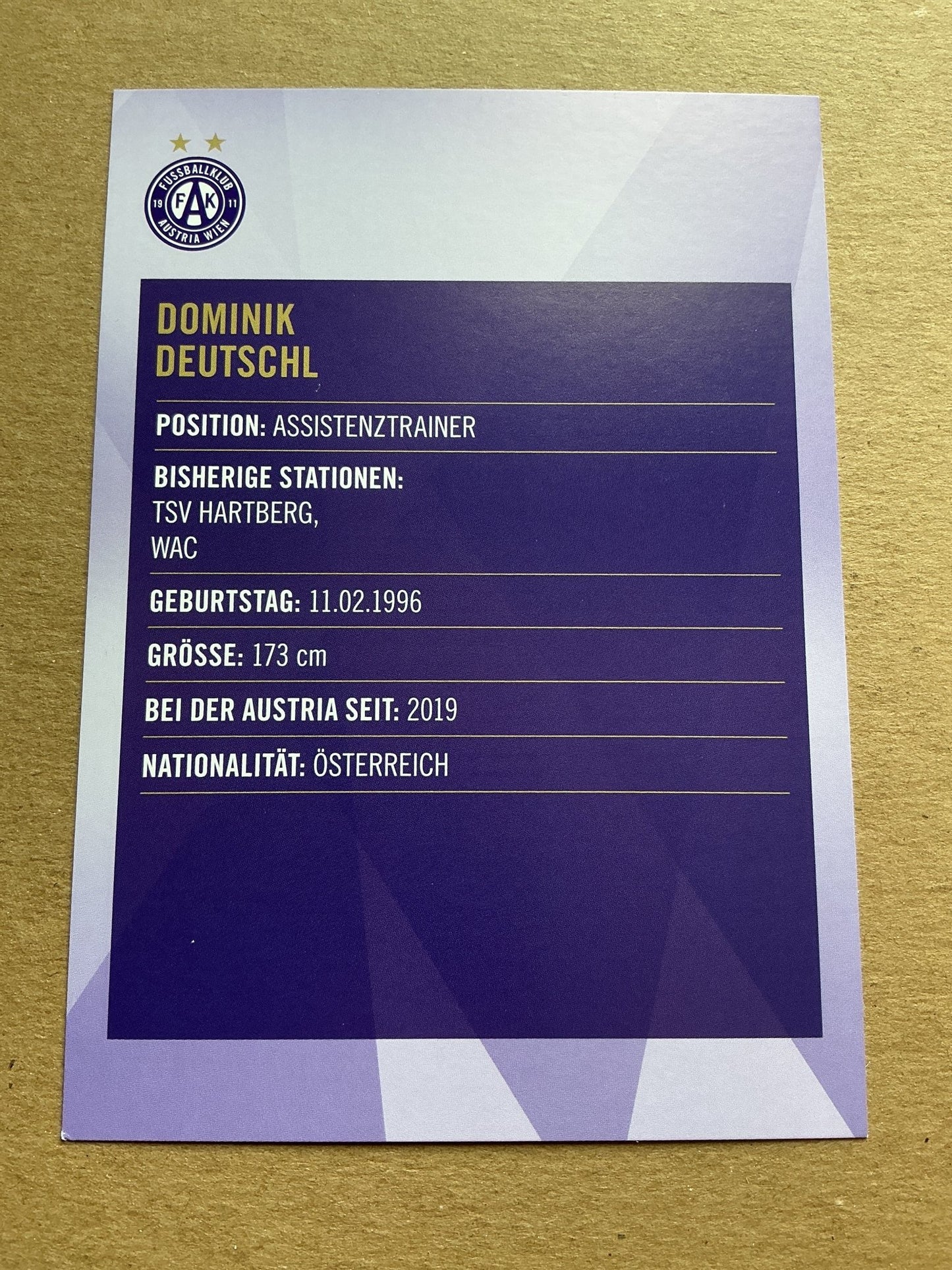 Dominik Deutschl, Austria 🇦🇹 Austria Wien 2019/20 hand signed - Autographs-World