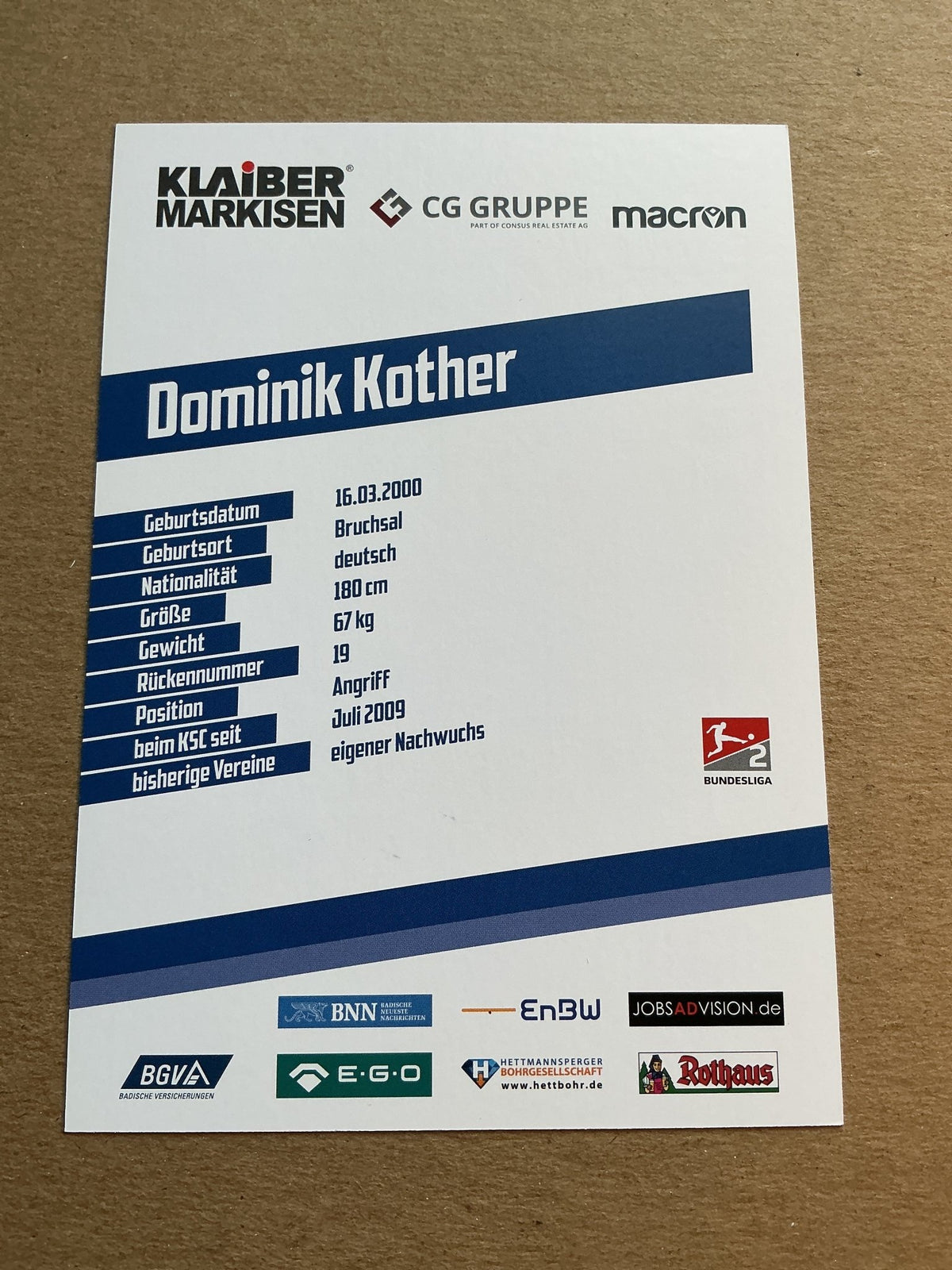 Dominik Kother, Germany 🇩🇪 Karlsruher SC 2019/20 hand signed - Autographs-World