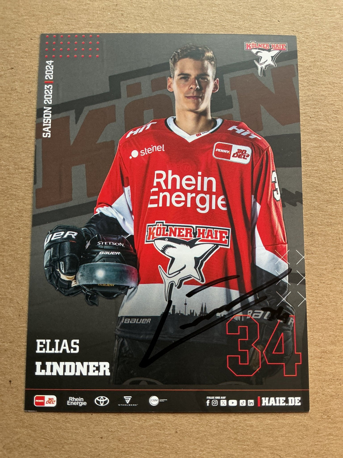 Elias Lindner, Germany 🇩🇪 Kölner Haie 2023/24 hand signed - Autographs-World