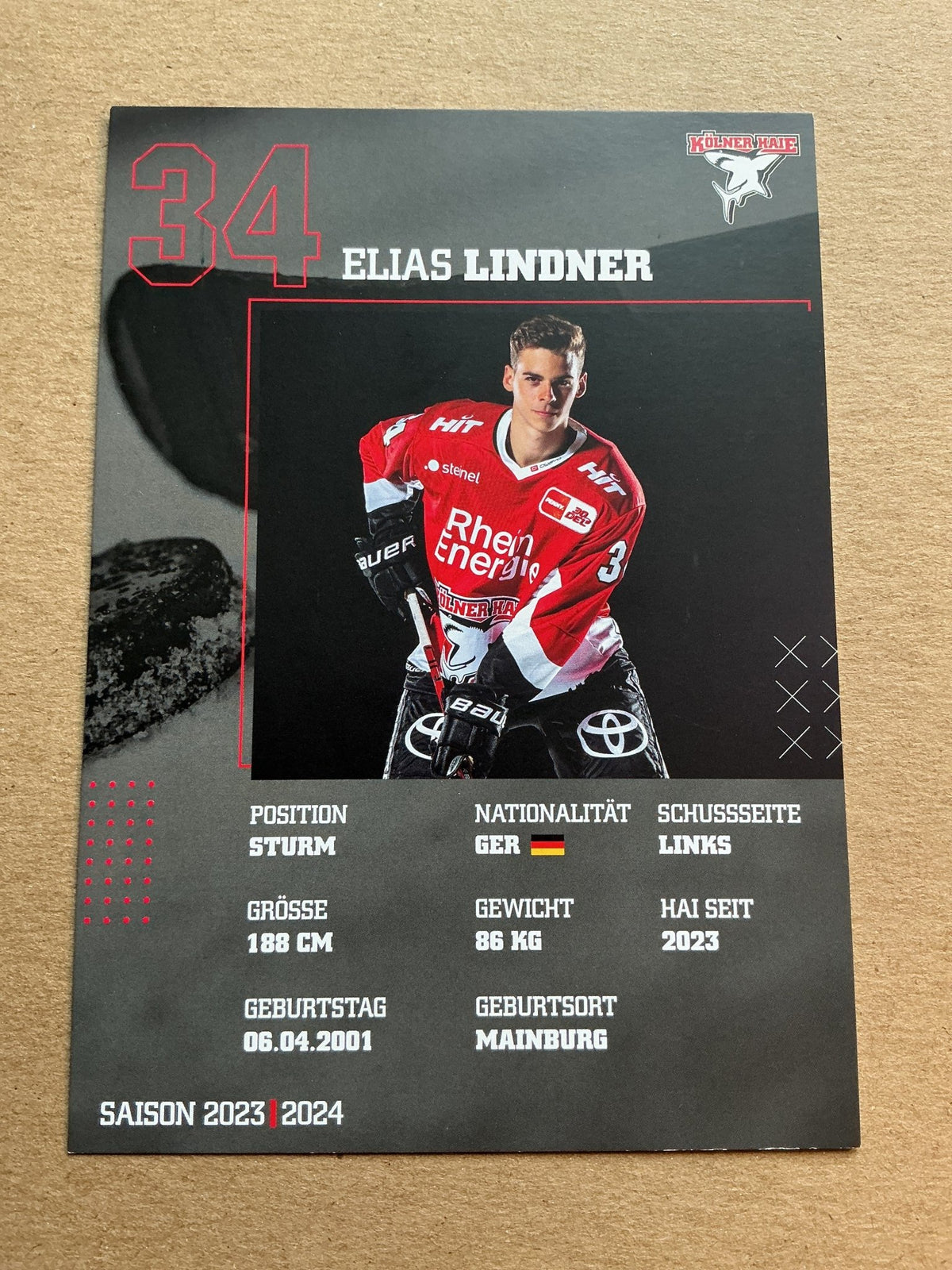 Elias Lindner, Germany 🇩🇪 Kölner Haie 2023/24 hand signed - Autographs-World
