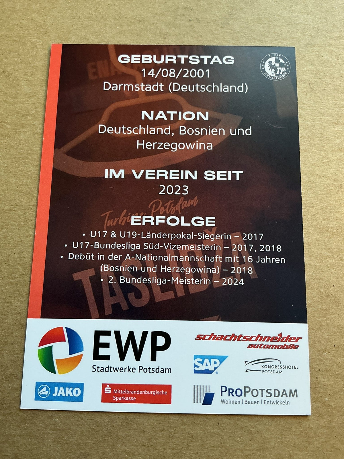Ena Taslidza, Bosnia 🇧🇦 1.FFC Turbine Potsdam 2024/25 hand signed - Autographs-World