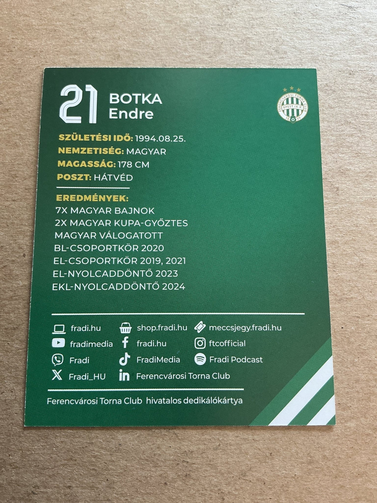 Endre Botka, Hungary 🇭🇺 Ferencvaros TC 2024/25 hand signed - Autographs-World