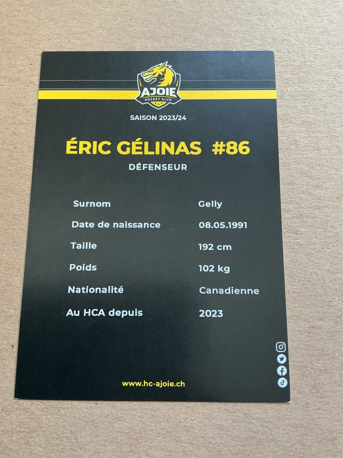 Éric Gélinas, Canada 🇨🇦 HC Ajoie 2023/24 hand signed - Autographs-World