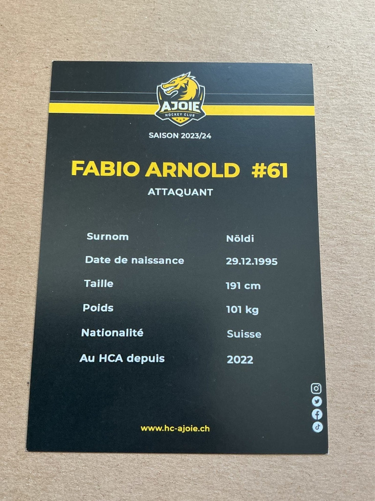 Fabio Arnold, Switzerland 🇨🇭 HC Ajoie 2023/24 hand signed - Autographs-World