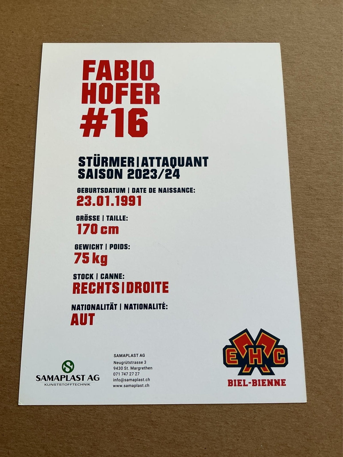 Fabio Hofer, Austria 🇦🇹 EHC Biel-Bienne 2023/24 hand signed - Autographs-World