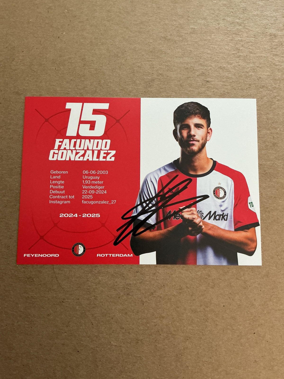 Facundo Gonzalez, Uruguay 🇺🇾 Feyenoord Rotterdam 2024/25 hand signed - Autographs-World
