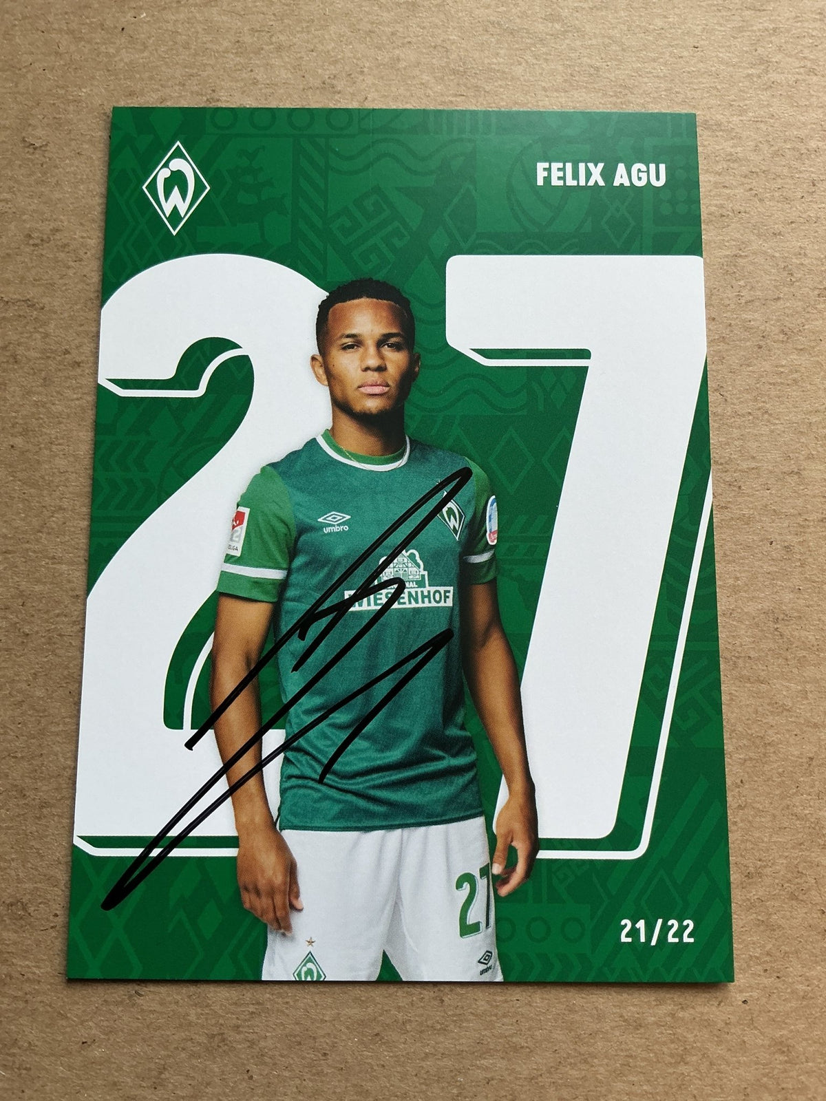 Felix Agu, Germany 🇩🇪 SV Werder Bremen 2021/22 hand signed - Autographs-World