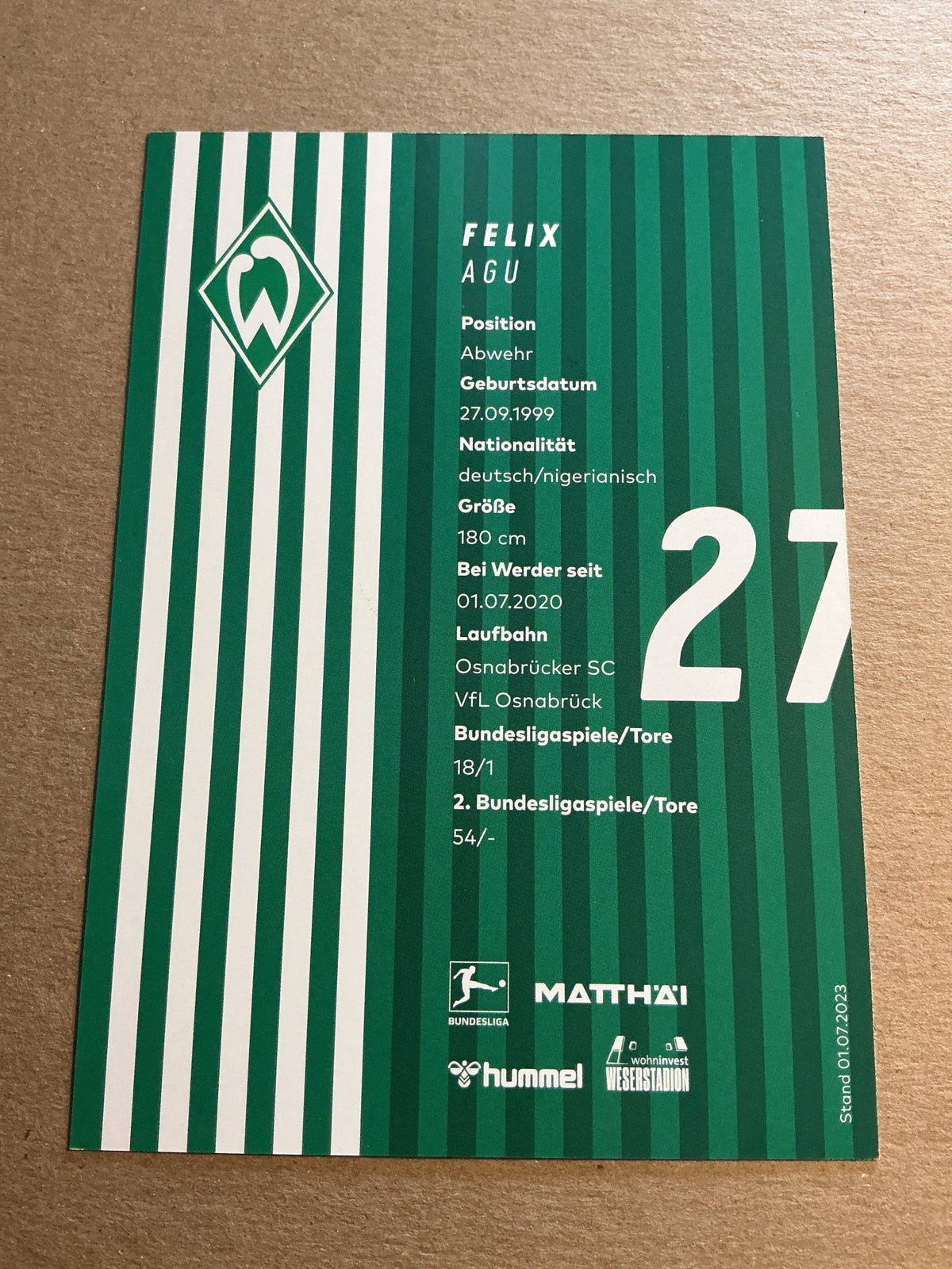 Felix Agu, Germany 🇩🇪 SV Werder Bremen 2023/24 hand signed - Autographs-World