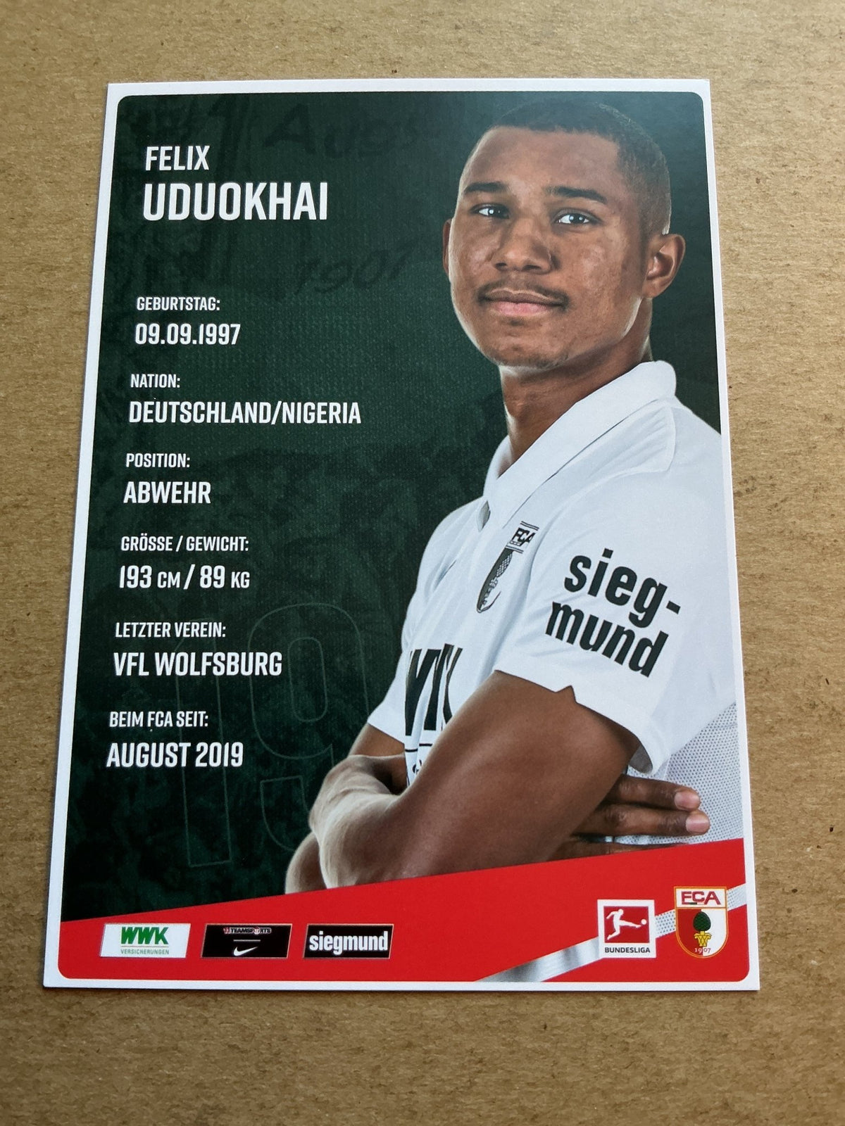 Felix Uduokhai, Germany 🇩🇪 FC Augsburg 2020/21 hand signed - Autographs-World