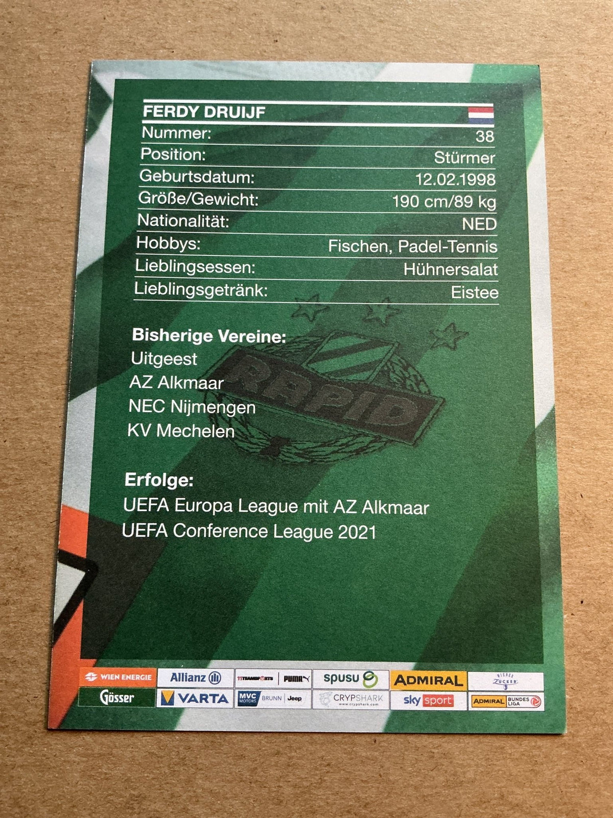 Ferdy Druijf, Netherlands 🇳🇱 Rapid Wien 2022/23 hand signed - Autographs-World