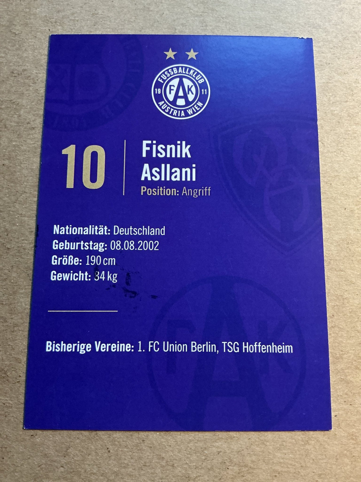 Fisnik Asllani, Kosovo 🇽🇰 FK Austria Wien 2023/24 hand signed - Autographs-World