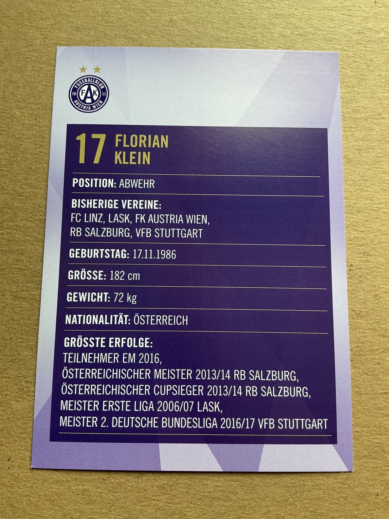 Florian Klein, Austria 🇦🇹 Austria Wien 2019/20 hand signed - Autographs-World