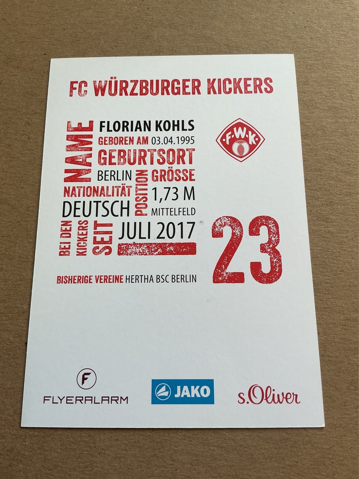 Florian Kohls, Germany 🇩🇪 FC Würzburger Kickers 2017/18 hand signed - Autographs-World