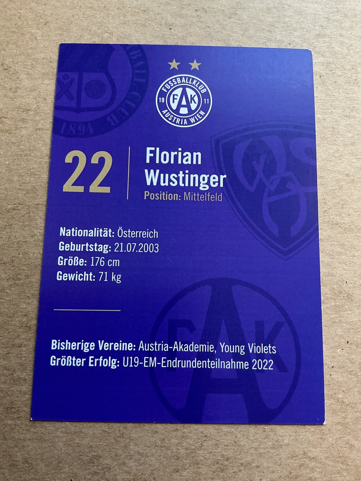 Florian Wustinger, Austria 🇦🇹 Austria Wien 2022/23 hand signed - Autographs-World