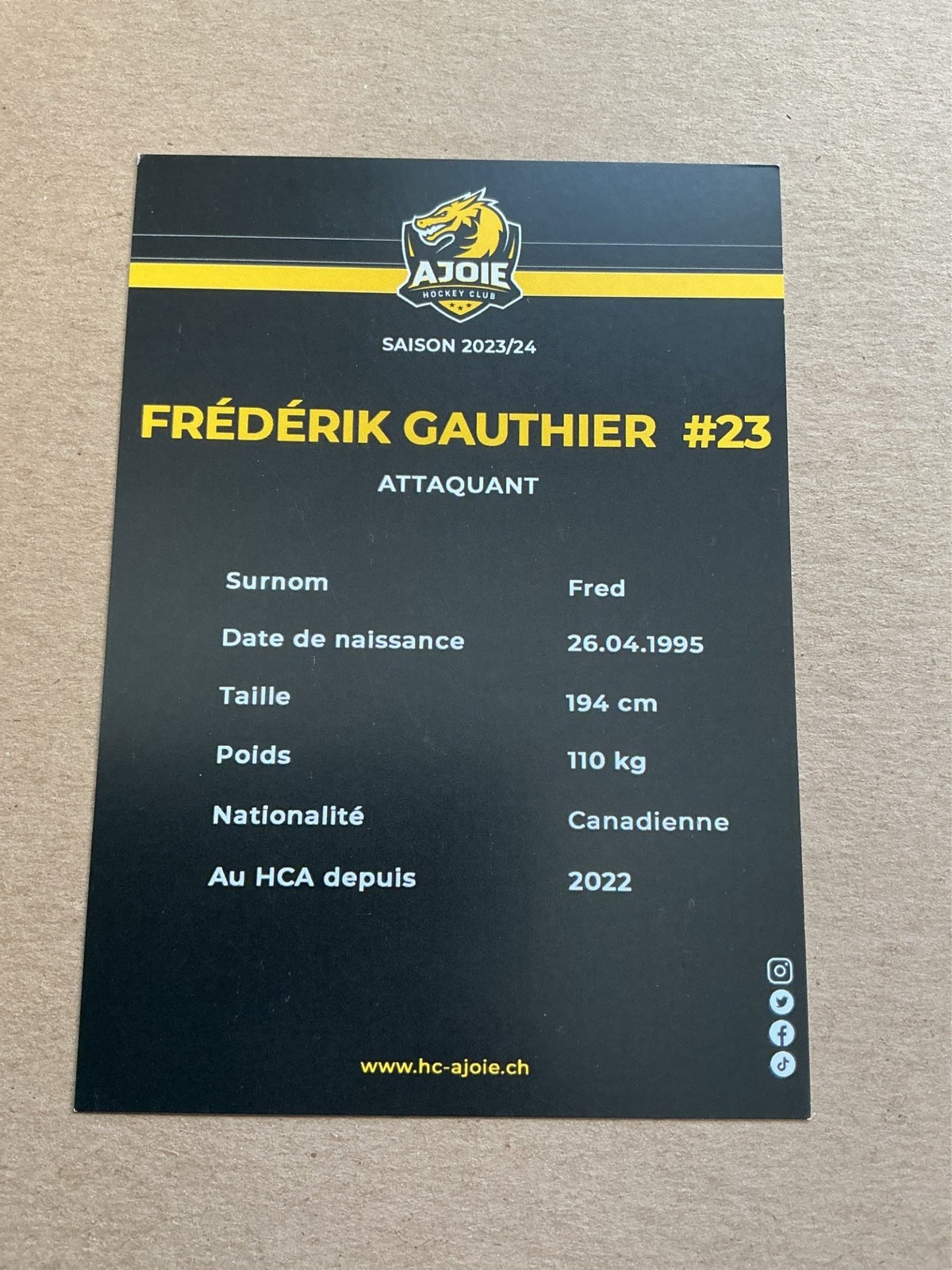 Frédérik Gauthier, Canada 🇨🇦 HC Ajoie 2023/24 hand signed - Autographs-World