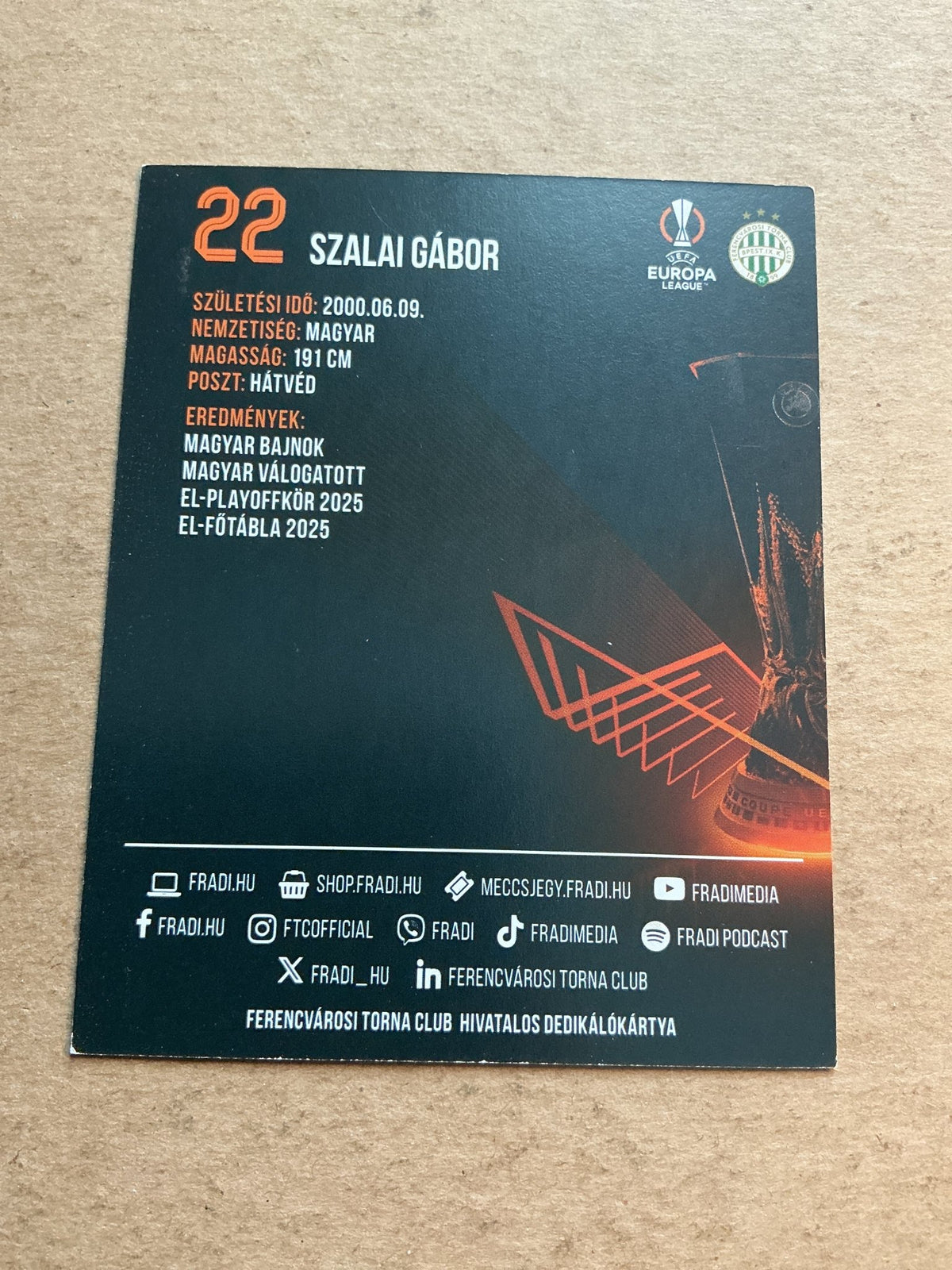 Gábor Szalai, Hungary 🇭🇺 Ferencvaros 2025/26 hand signed - Autographs-World
