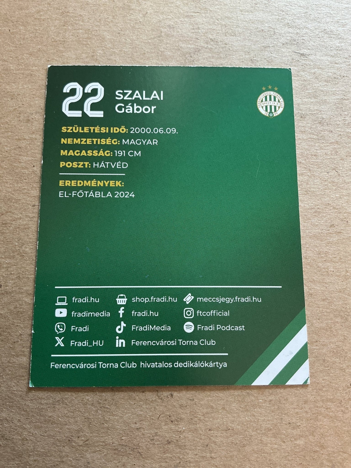 Gabor Szalai, Hungary 🇭🇺 Ferencvaros TC 2024/25 hand signed - Autographs-World