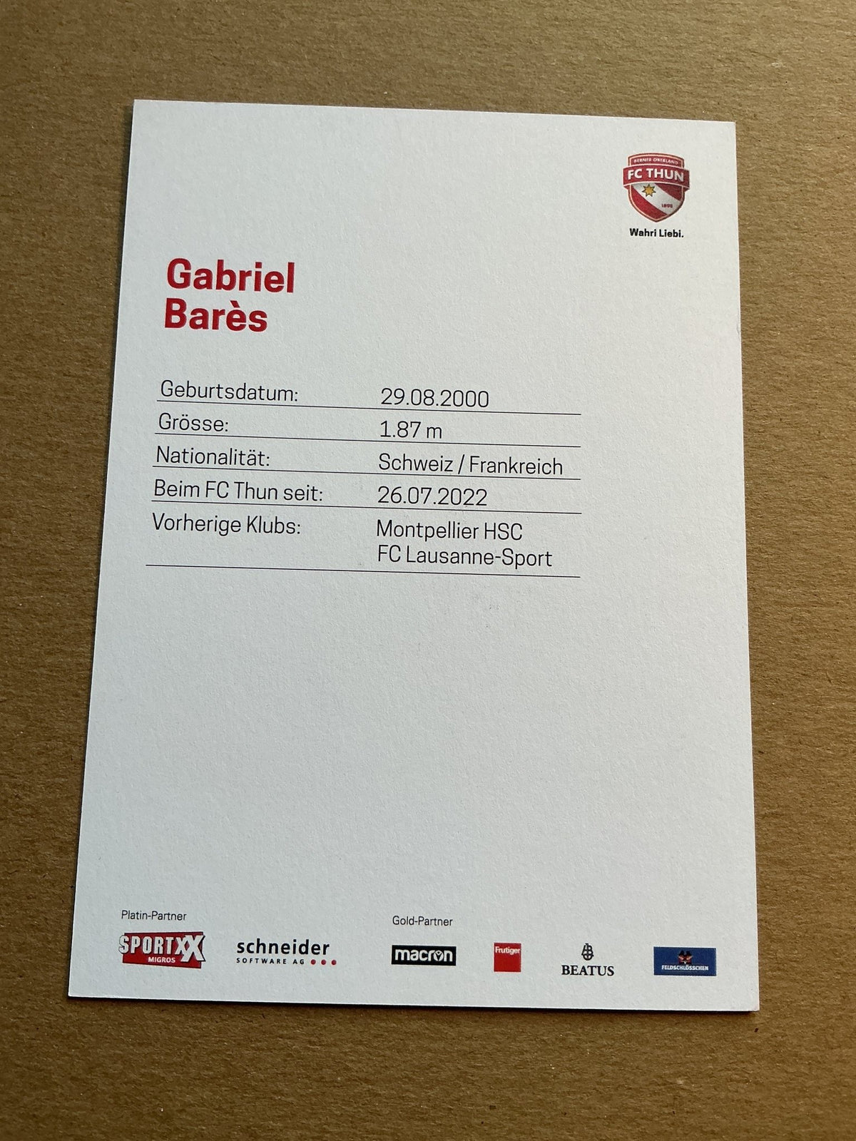 Gabriel Barès, Switzerland 🇨🇭 FC Thun 2022/23 hand signed - Autographs-World
