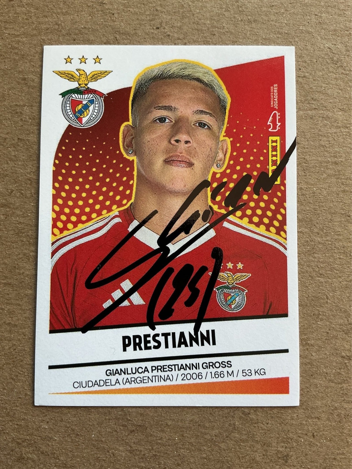 Gianluca Prestianni, Argentina 🇦🇷 SL Benfica 2024/25 Panini hand signed - Autographs-World