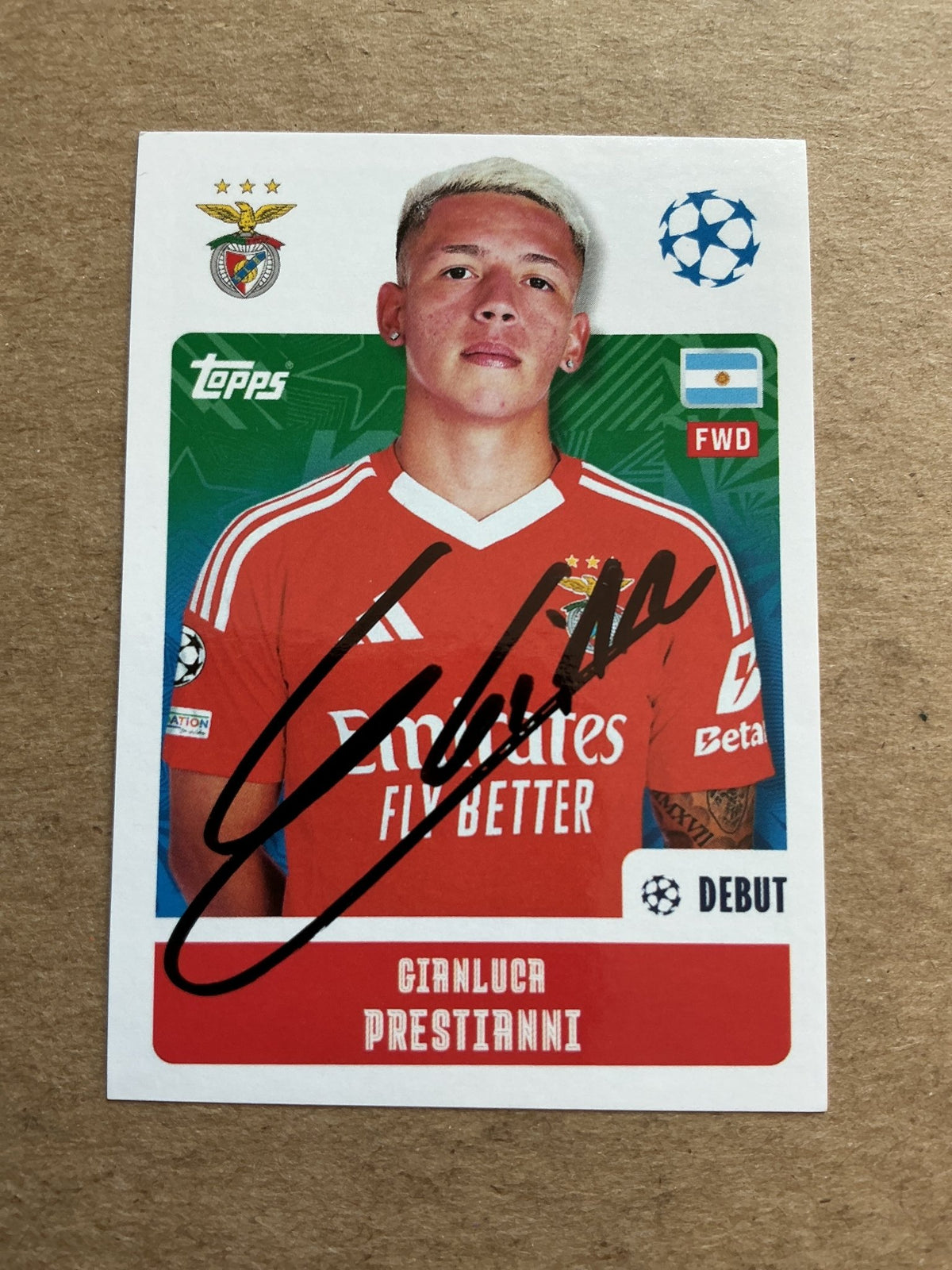 Gianluca Prestianni, Argentina 🇦🇷 SL Benfica 2024/25 Topps hand signed - Autographs-World