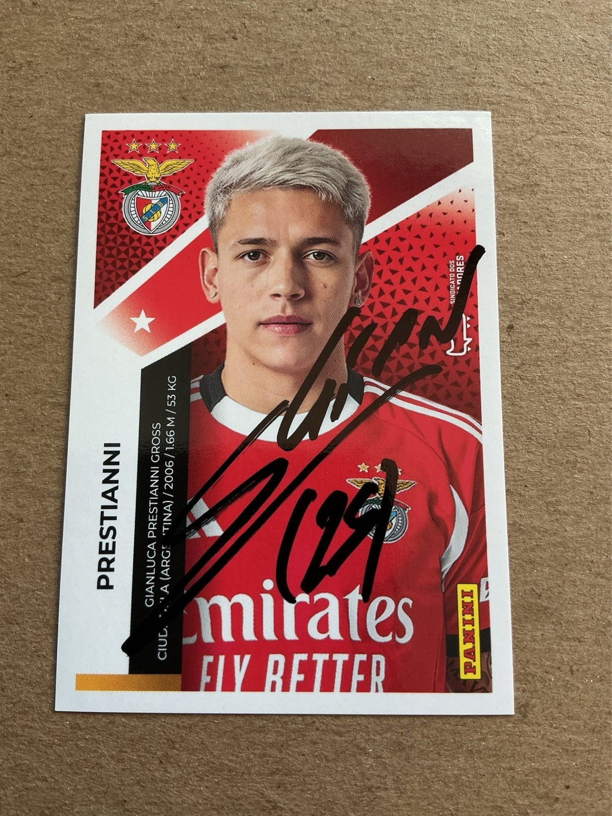 Gianluca Prestianni, Argentina 🇦🇷 SL Benfica 2025/26 Panini hand signed - Autographs-World