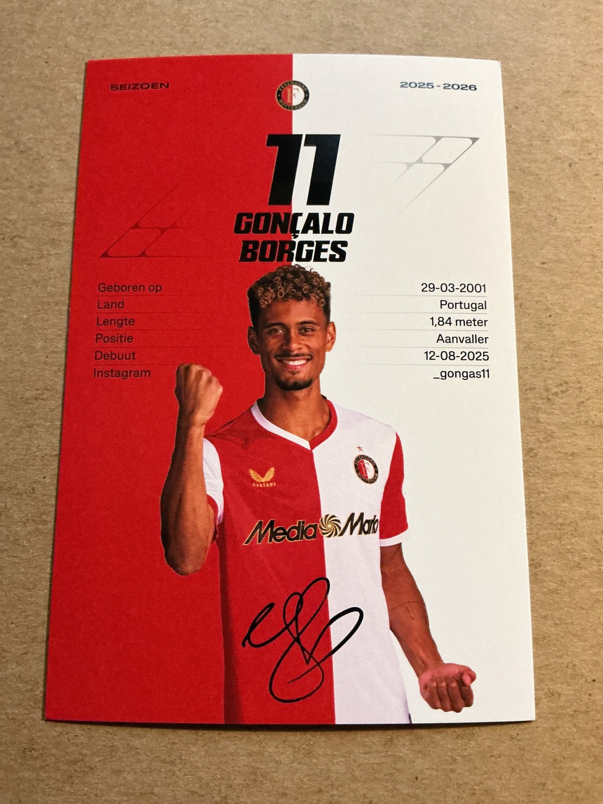 Gonçalo Borges, Portugal 🇵🇹 Feyenoord Rotterdam 2025/26 hand signed - Autographs-World