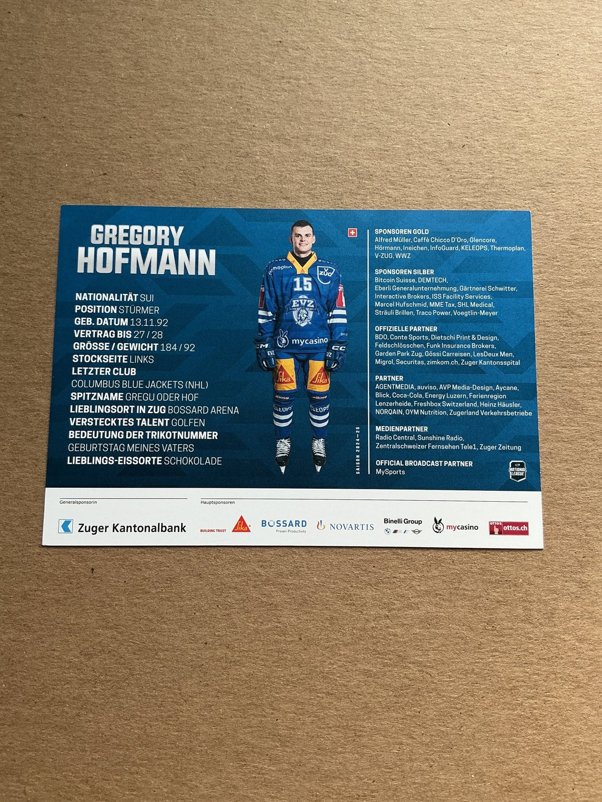 Gregory Hofmann, Switzerland 🇨🇭 EV Zug 2024/25 hand signed - Autographs-World