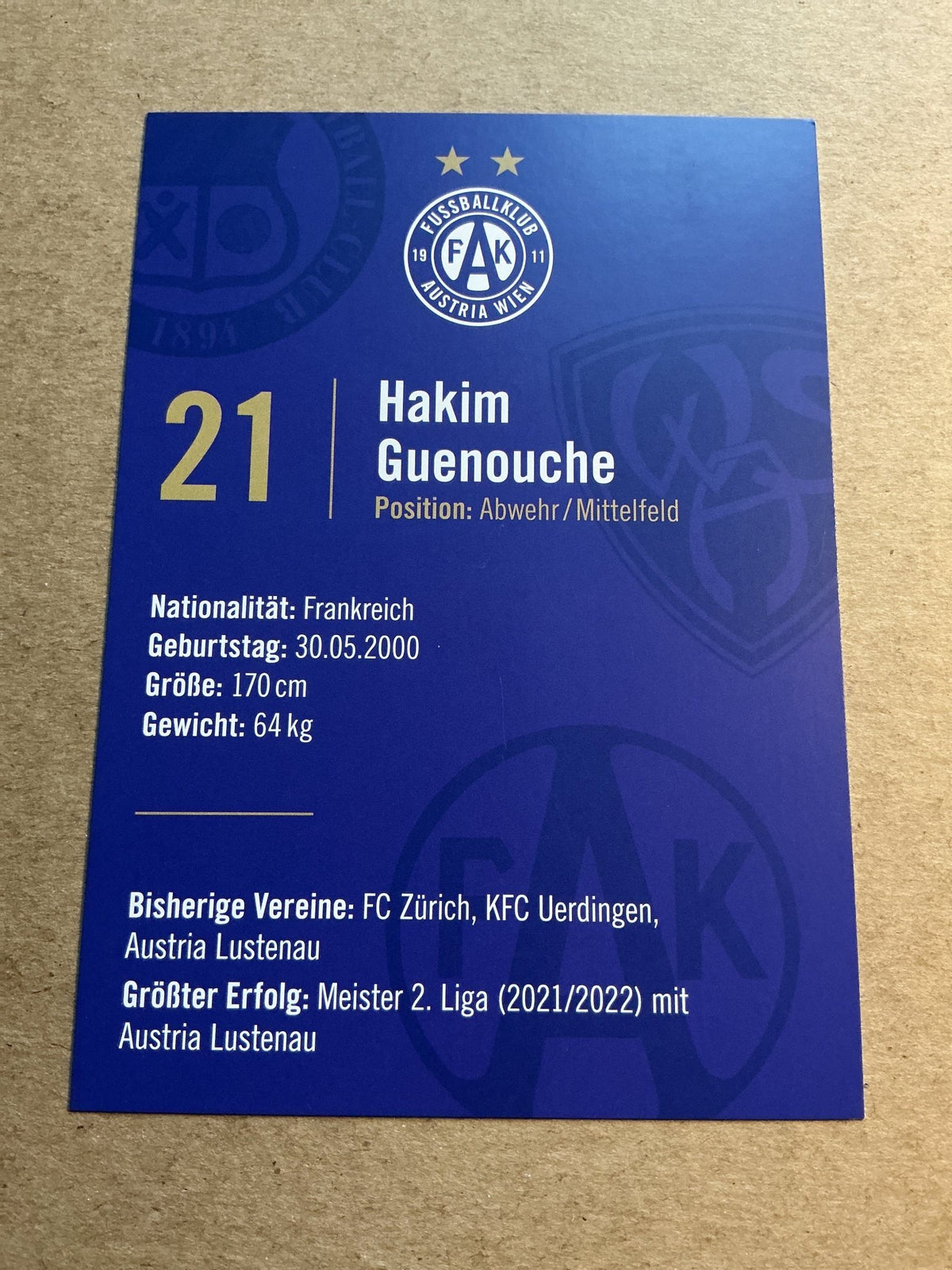 Hakim Guenouche, France 🇫🇷 FK Austria Wien 2023/24 hand signed - Autographs-World