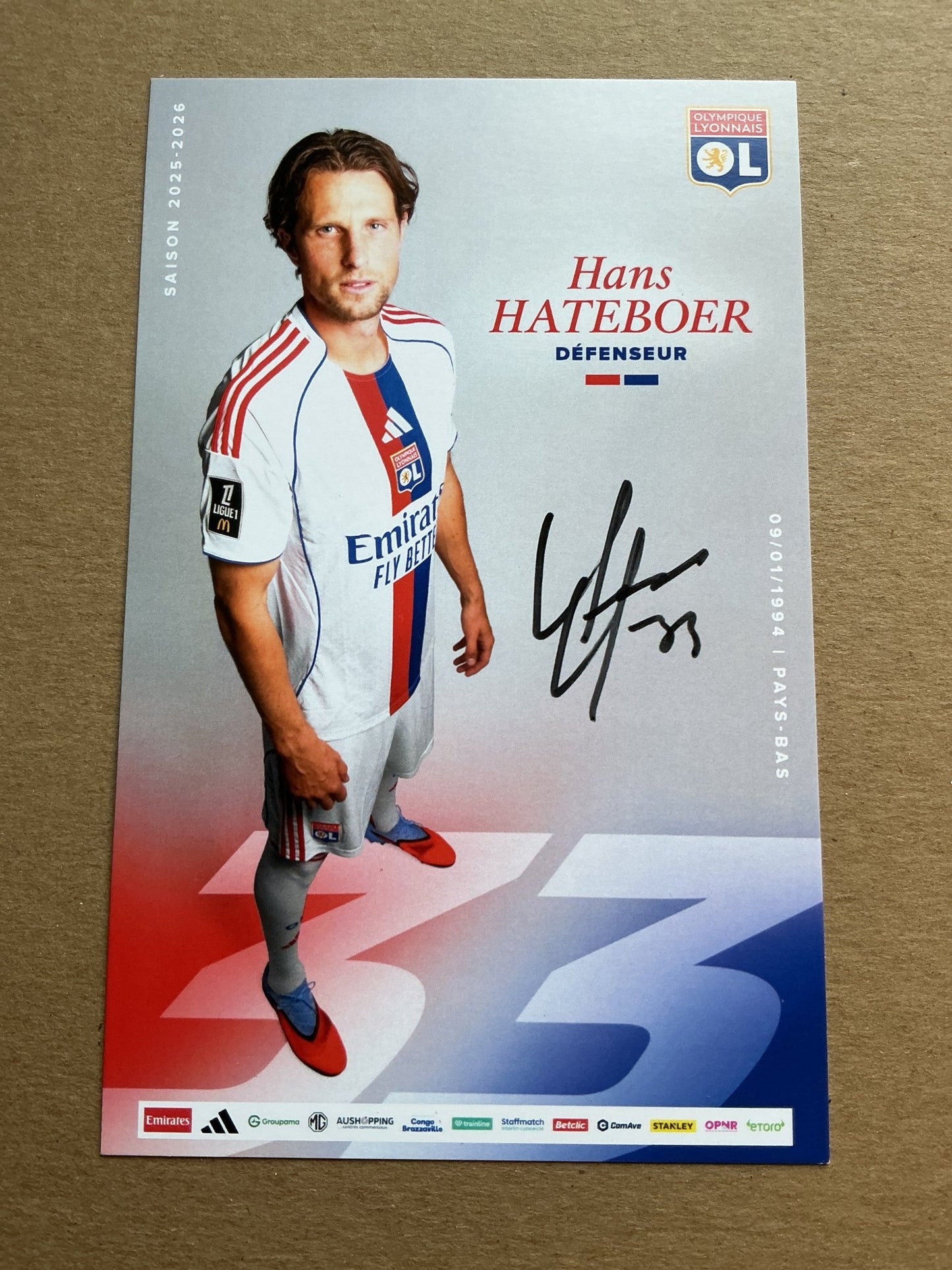Hans Hateboer, Netherlands 🇳🇱 Olympique Lyon 2025/26 hand signed - Autographs-World