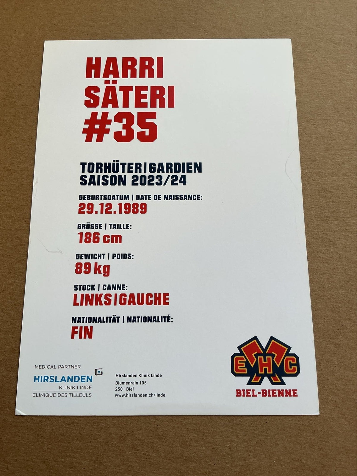 Harri Säteri, Finland 🇫🇮 EHC Biel-Bienne 2023/24 hand signed - Autographs-World